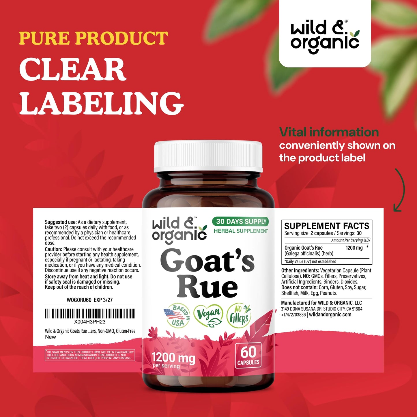 Wild & Organic Goats Rue Capsules 1200 mg Lactation Support, 60 Count