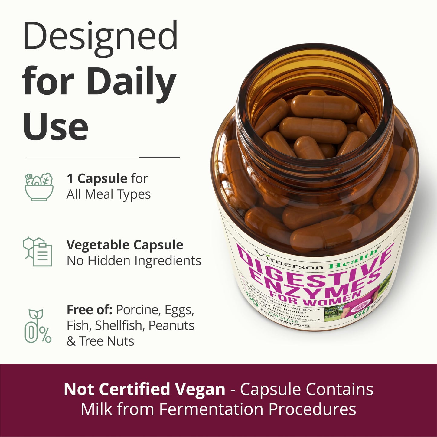 Vimerson Health Digestive Enzymes for Women – 18 Plant Based Enzymes - Debloat & Bloating Relief w/Bromelain, Papain, Lactase & Amylase – Aids Protein, Dairy, Fiber & Carb Digestion + Gut Health Capsule, 60 Count