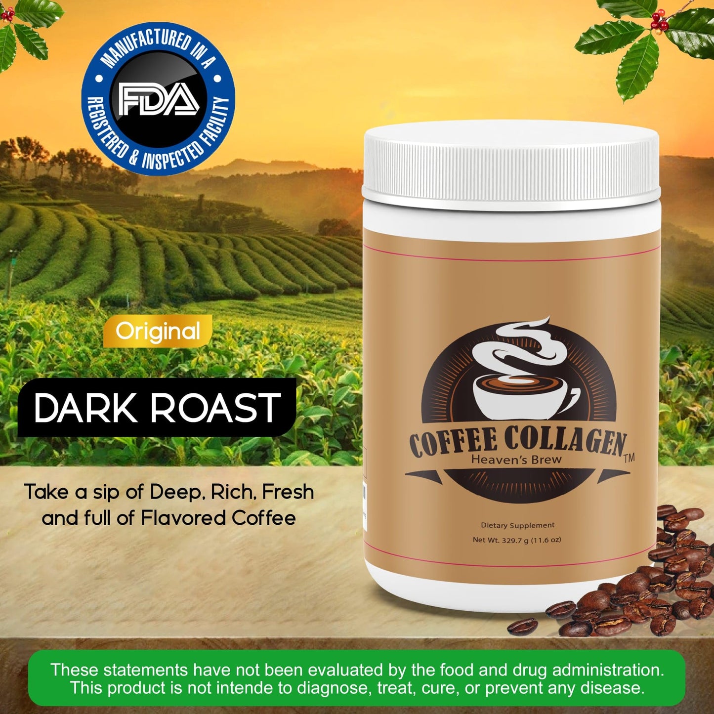 Heaven's Brew Hydrolyzed Bovine Peptide Coffee Flavored Collagen for Men & Women - Colageno - Hair, Skin, Nail & Joint Support & with Vitamin C from Acerola Fruit & B12 - without Dairy Or Added Sugar - 11.6 oz Powder