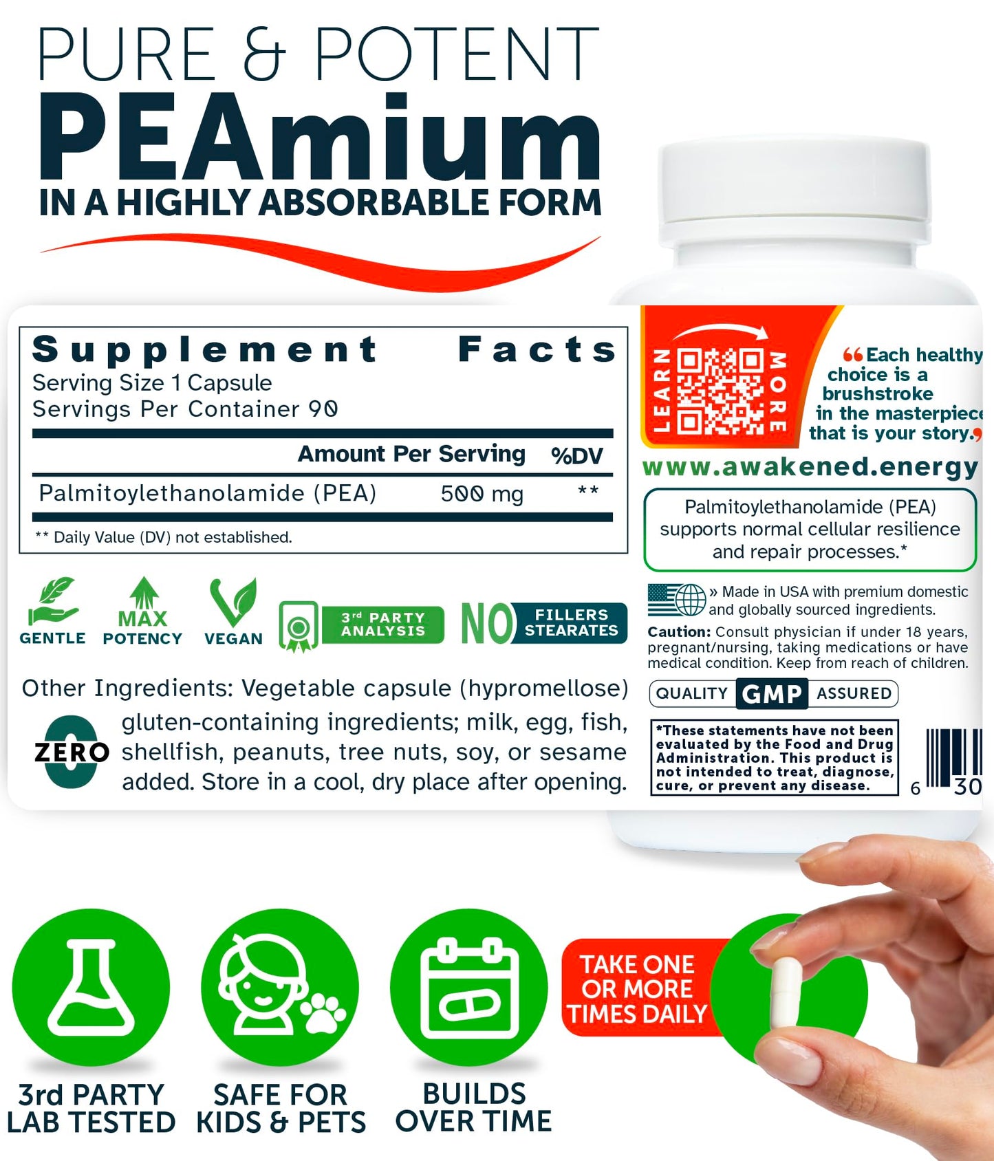 Awakened.energy Palmitoylethanolamide 500mg Capsule, 90 Count
