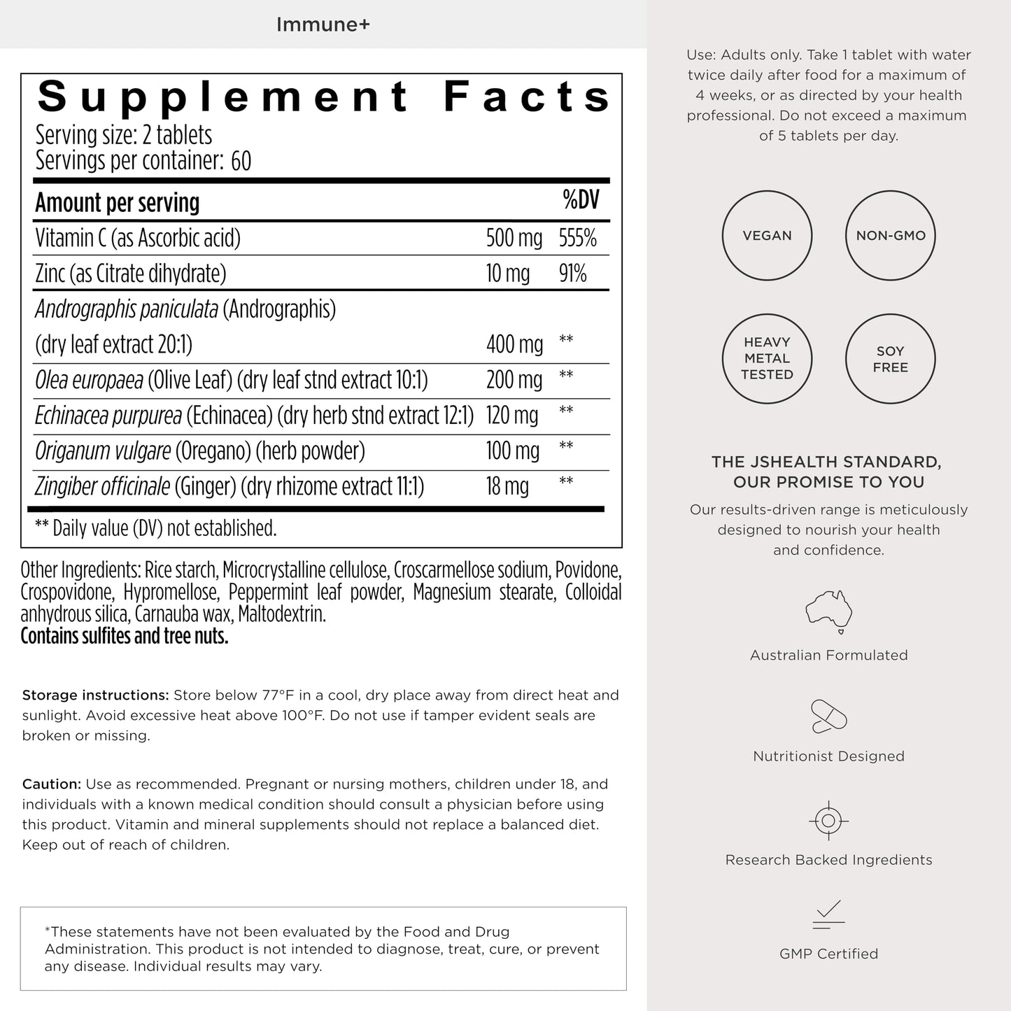 JSHealth Immune + Immunity Booster Supplement with Zinc Vitamin C Echinacea and Olive Leaf Antioxidants 60 Tablets