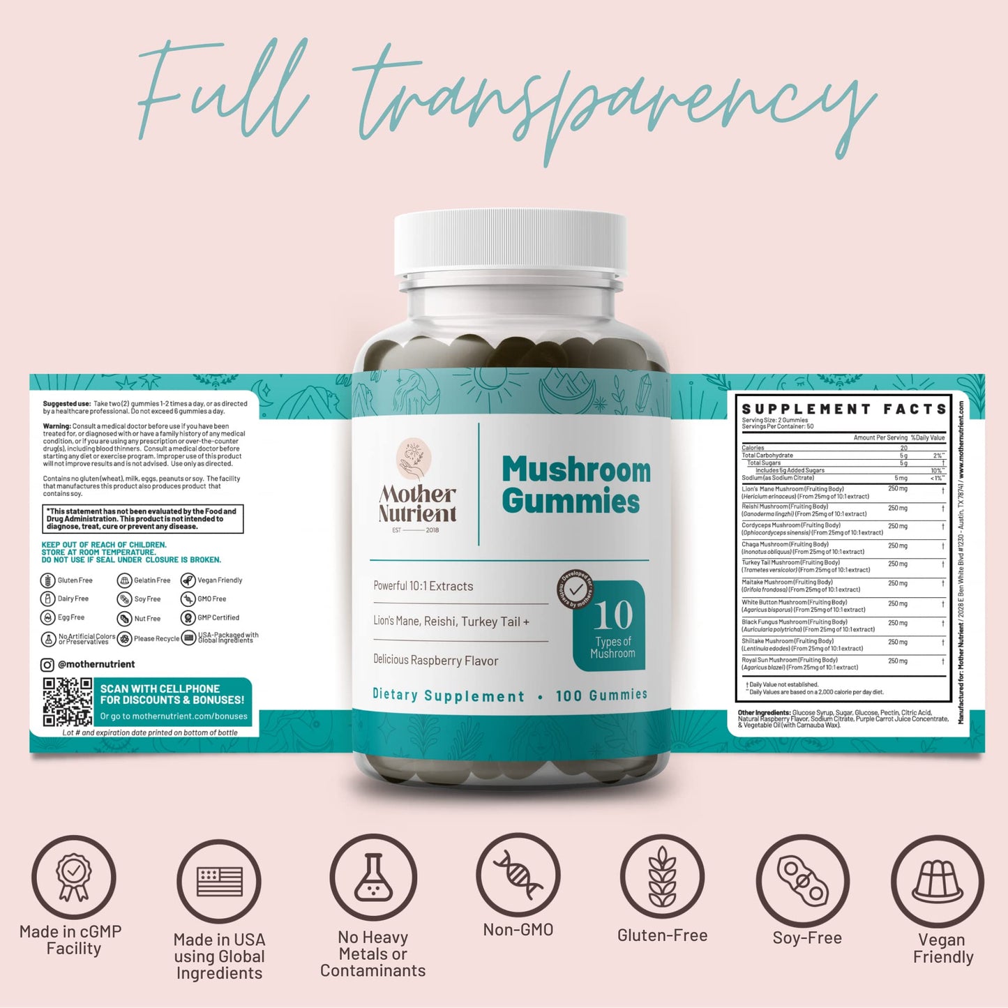 Mother Nutrient Mushroom Supplement Gummies, 100 Count