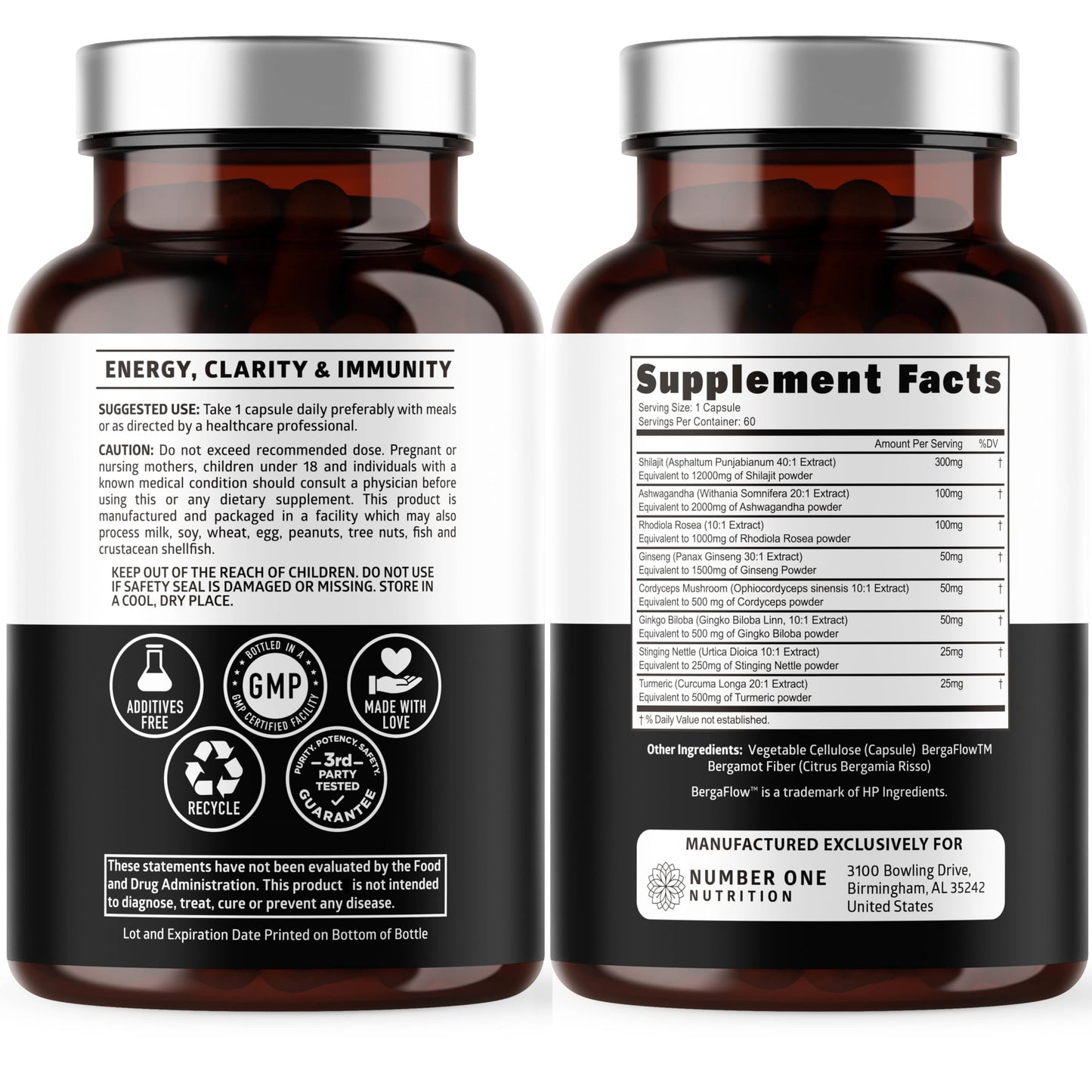 Number One Nutrition Shilajit Complex 8-in-1, 50% Fulvic Acid, Ashwagandha Rhodiola, 60 Capsules