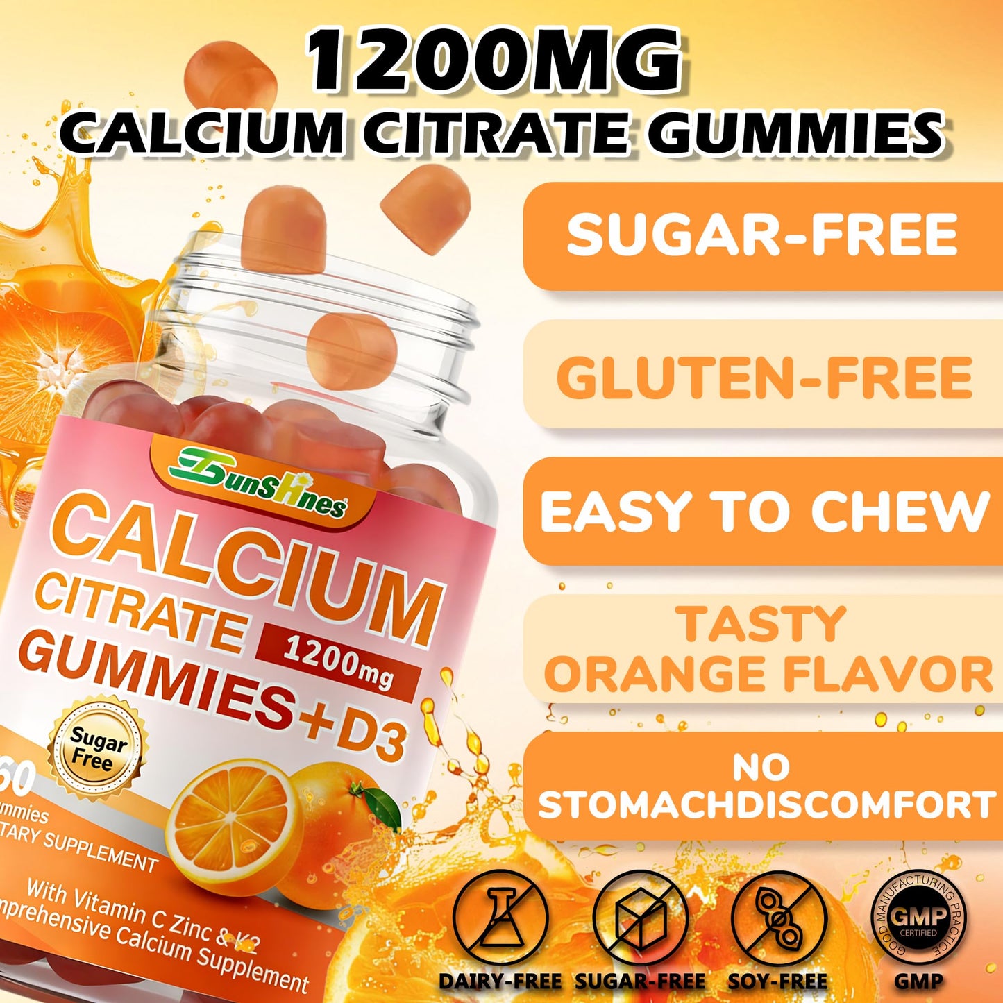 tsunshnes Calcium Citrate Gummies 1200mg with Vitamin D3, K2, Zinc and Vitamin C 5-in-1 Immune Support - Sugar Free, Non-GMO Chewable - Orange Flavor, 60 Count