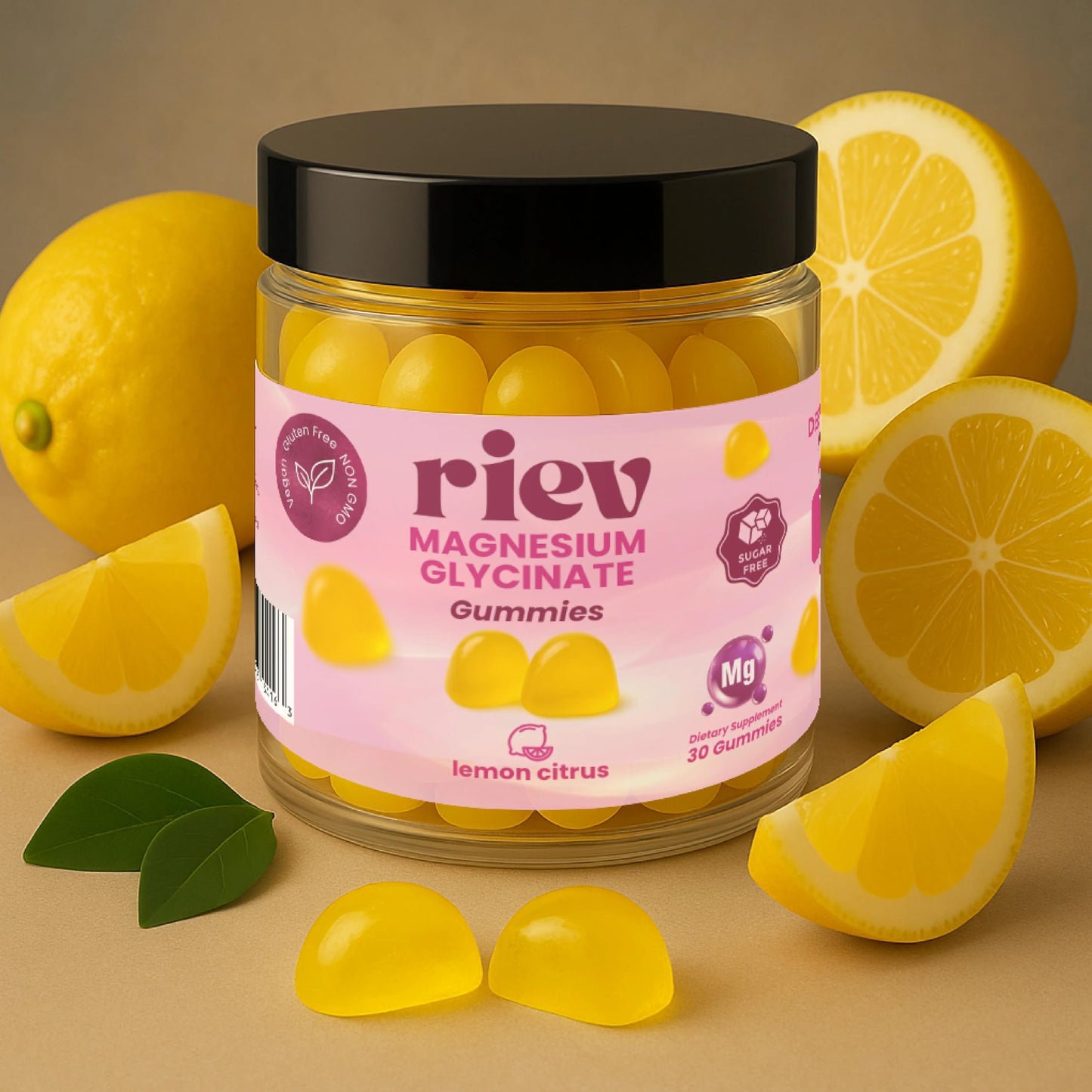 Riev Magnesium Glycinate Gummies 200mg – Sugar-Free – Vegan, Non-GMO, No Gelatin – Lemon Citrus Flavor – 30 Gummies
