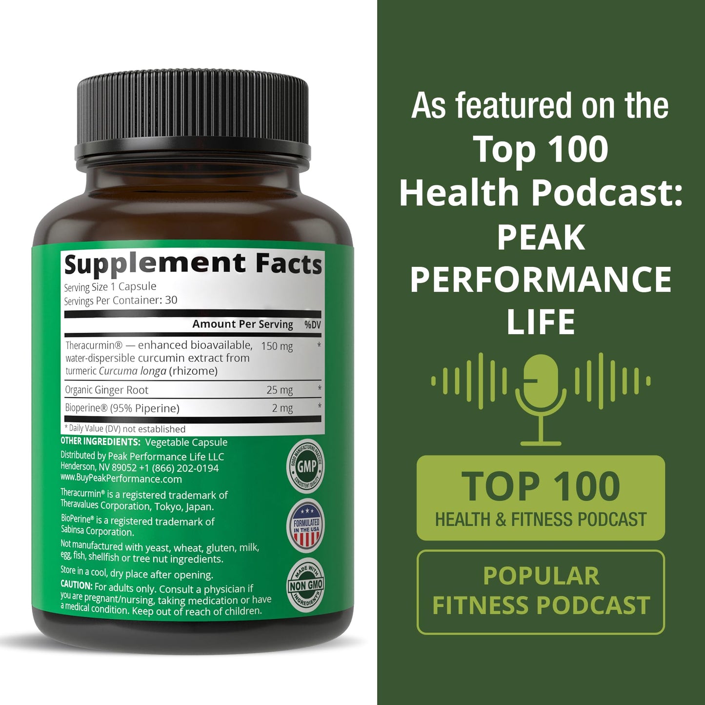 Peak Performance Theracurmin Up to 42X Greater Absorption vs Standard Curcumin - High Bioavailable Turmeric Curcumin Capsule Supplement, Clinically Studied, Supports Muscle Recovery, Joints, Mobility for Women and Men, 30 Capsules