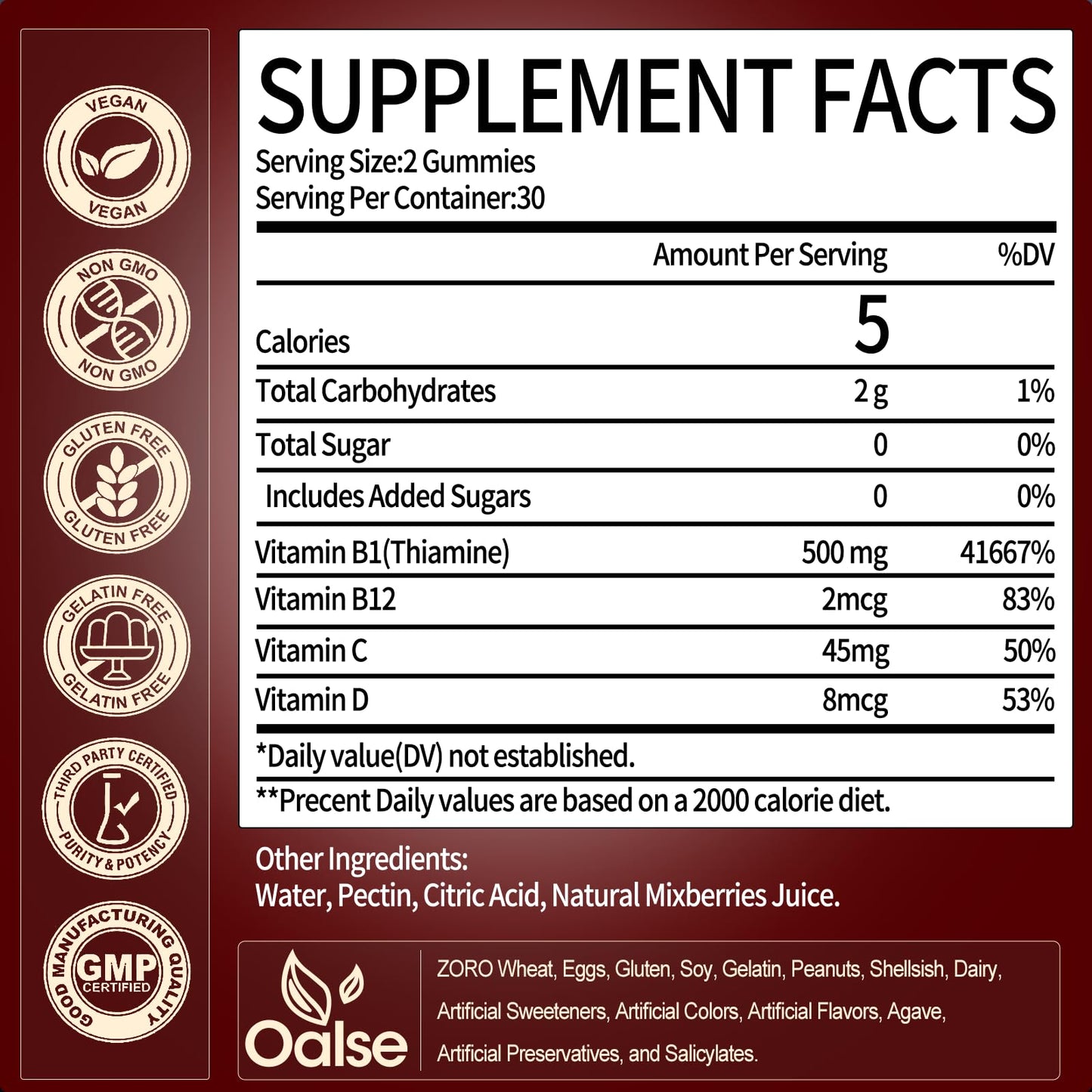 OALSE Thiamine Vitamin B1 Gummies 120 Count