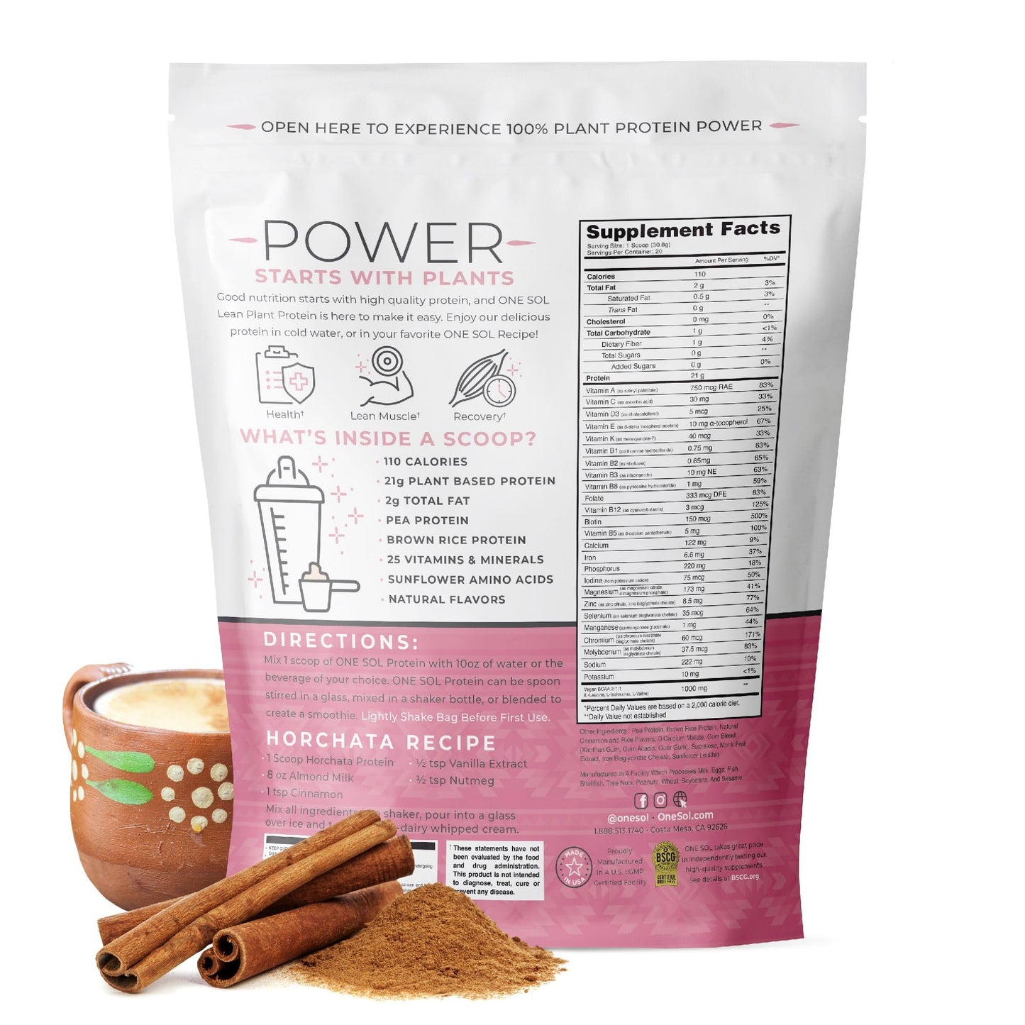 One Sol Lean Plant Protein Powder, Low Carb, Horchata, 21.76 oz