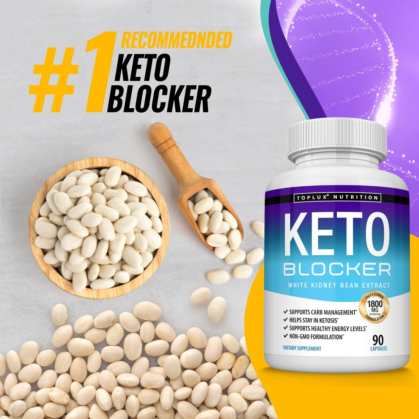 Toplux Keto Blocker White Kidney Bean Extract 1800 mg Capsules 90 Count