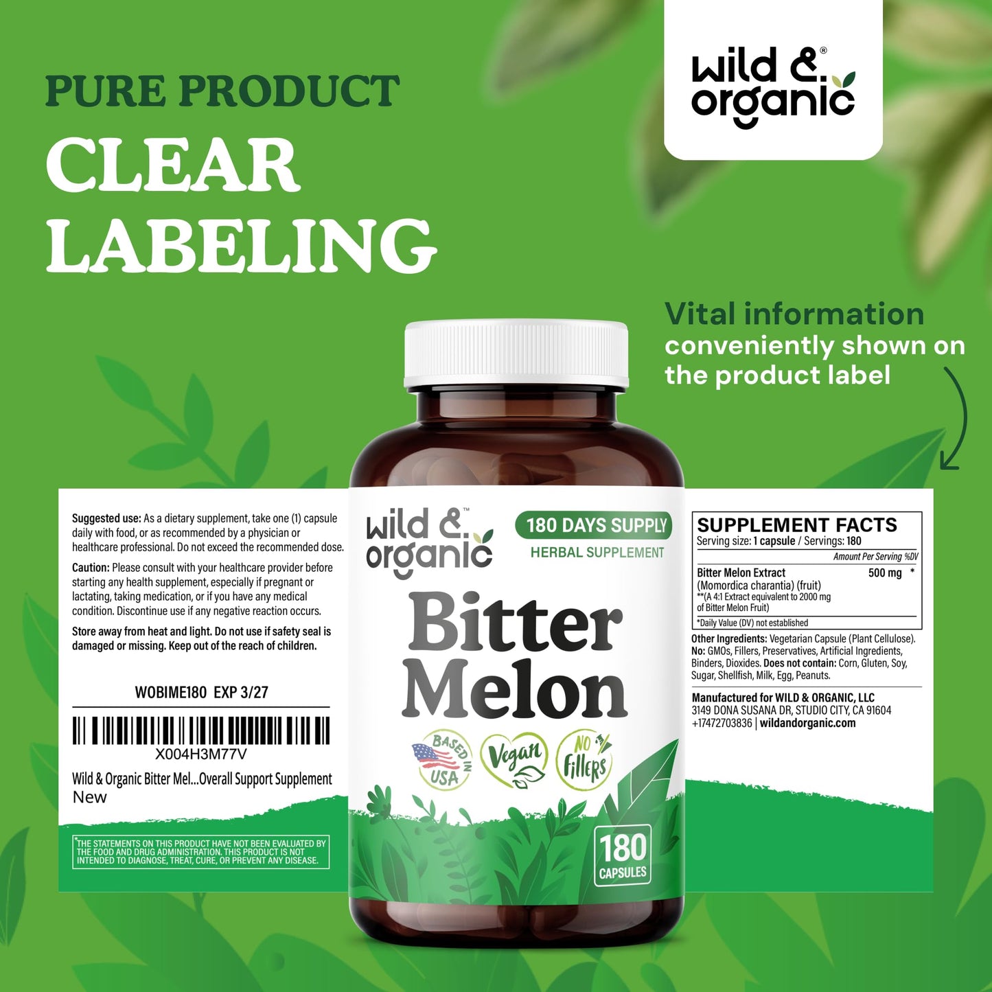 Wild & Organic Bitter Melon Capsules 500 mg, 180 Count