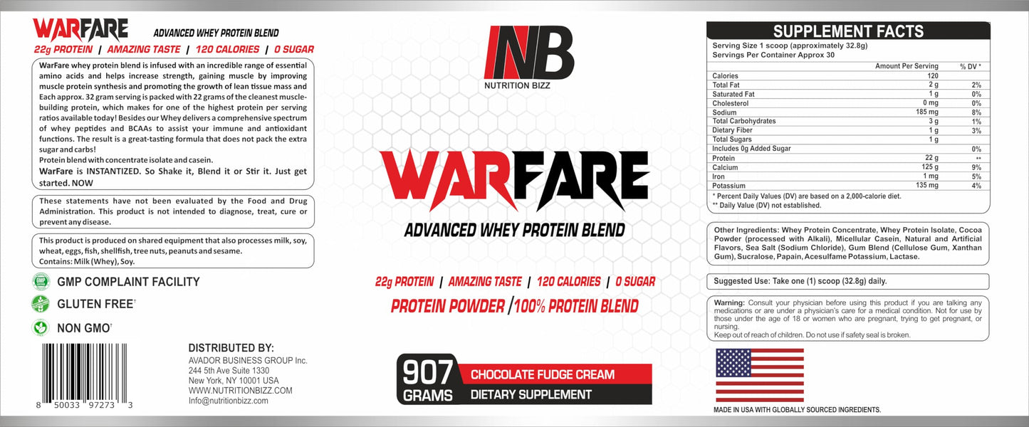 NutritionBizz Warfare 2 lb Advanced Whey Protein Blend Powder, 32 Servings
