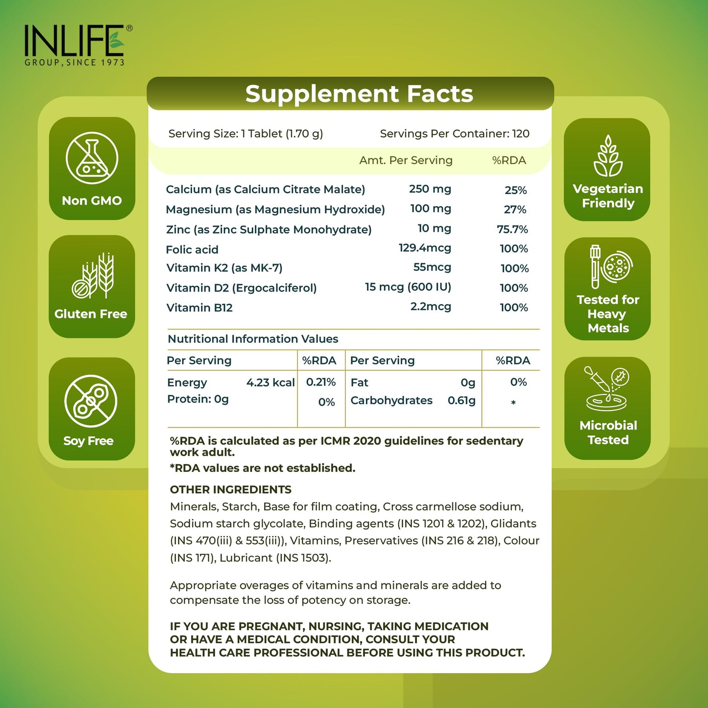 INLIFE Calcium Magnesium Zinc Vitamin D K2 Folic Acid & B12 Vegetarian Tablets, Bone & Joint Support Supplement, 120 Tablets