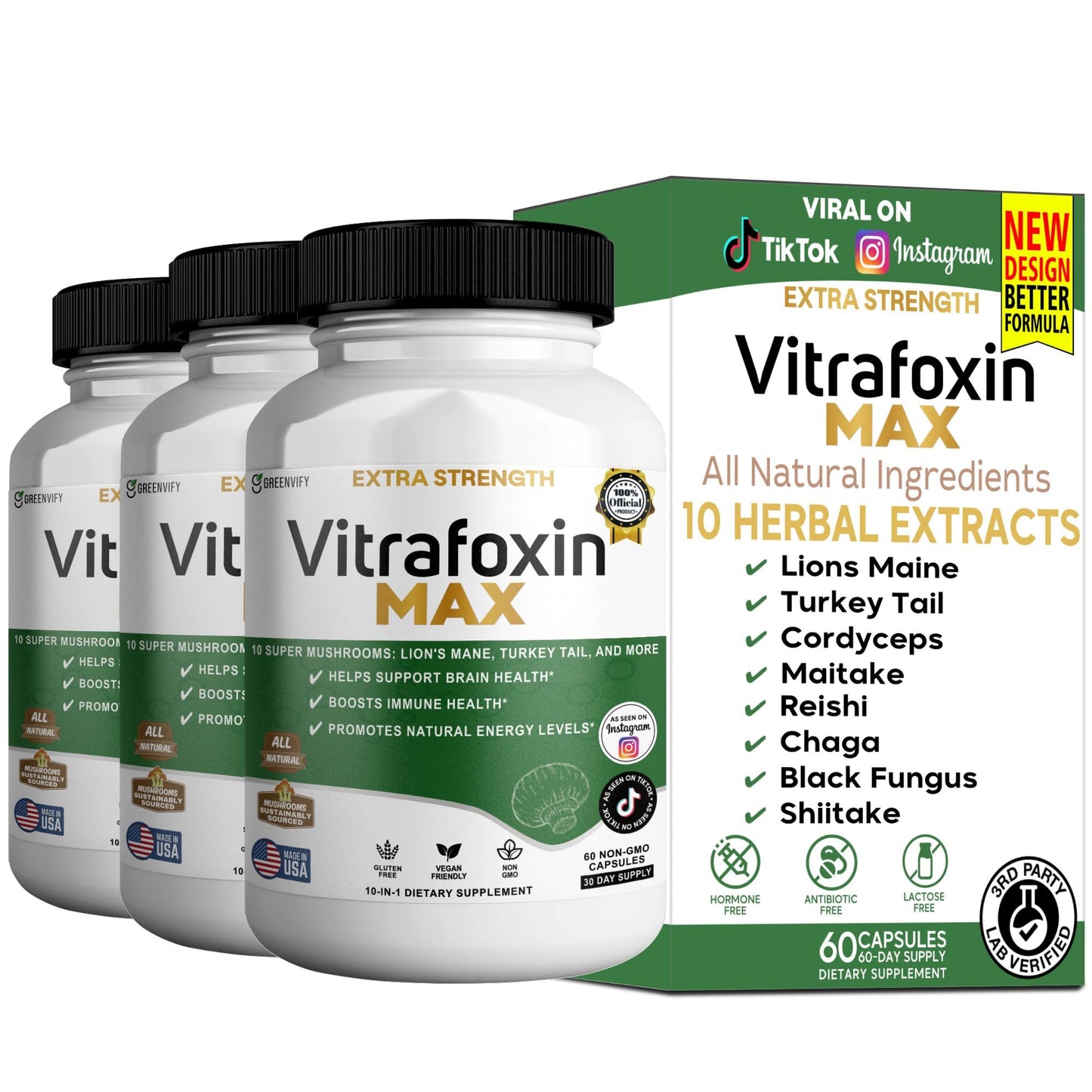 GREENVIFY Vitaloxin Max Super Mushroom Complex, 10 Mushroom Blend with Lions Mane and Cordyceps, 60 Capsules