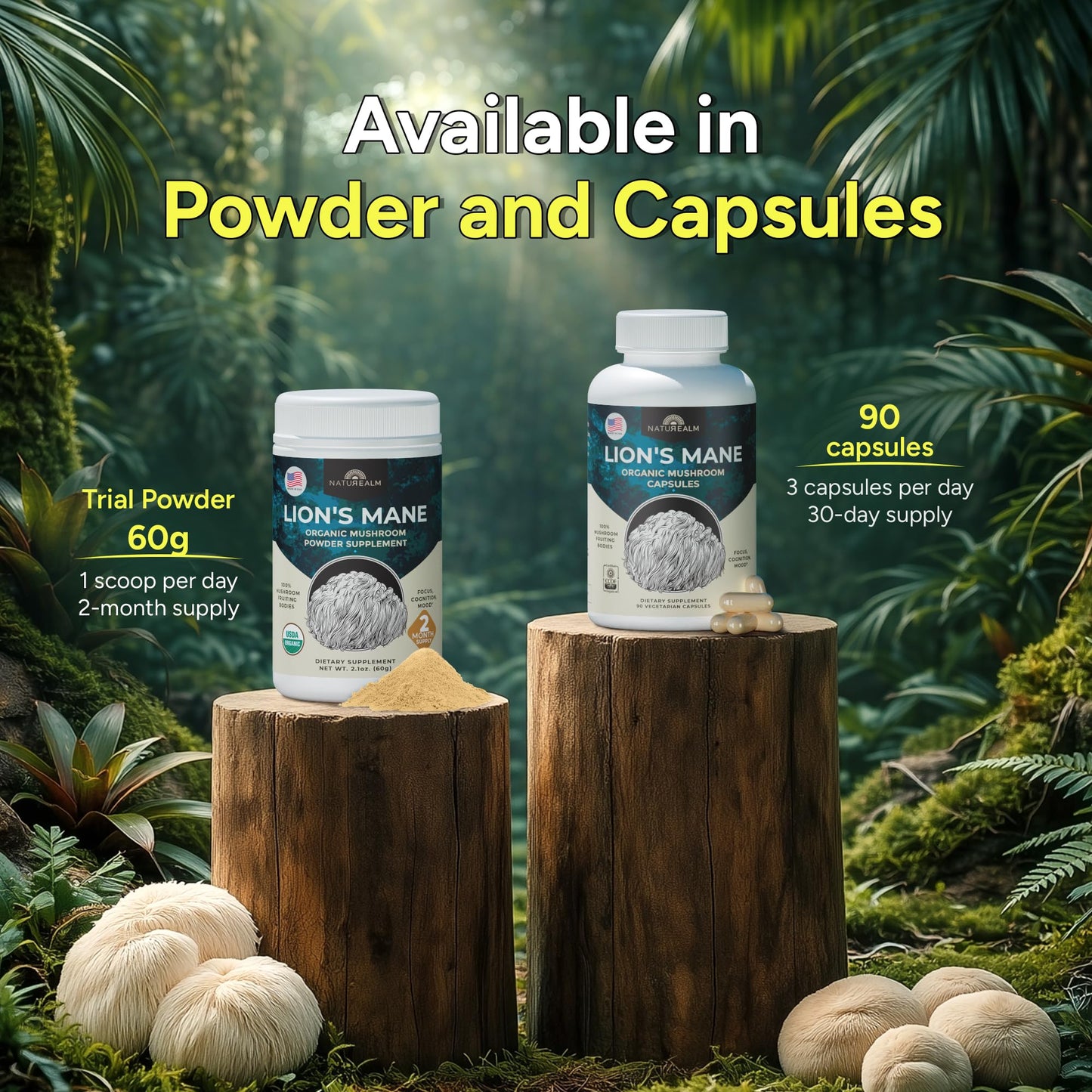 Naturealm Lion's Mane Mushroom Supplement Capsules, 90 Count