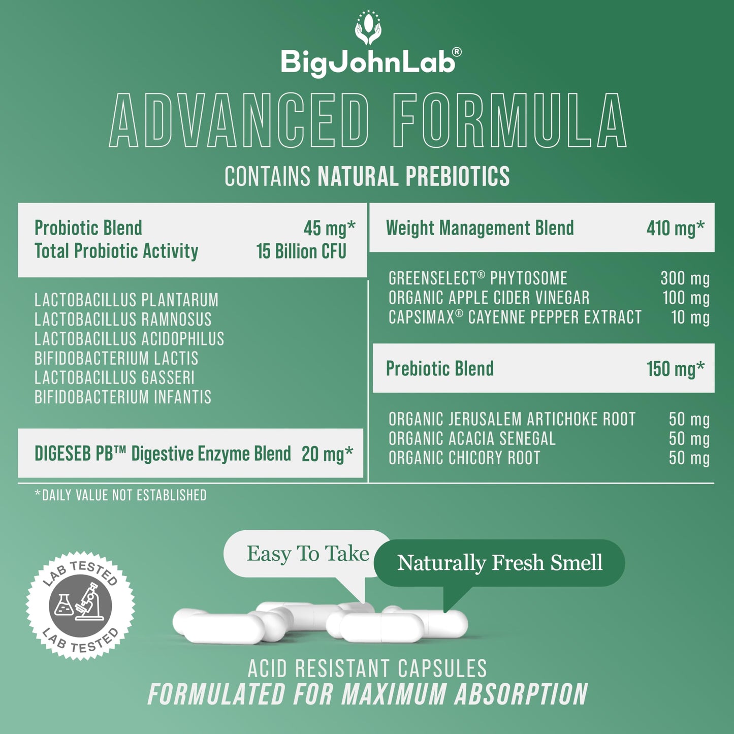 BIGJOHNLAB Probiotics for Weight Management & Bloating Capsules, 30 Capsules
