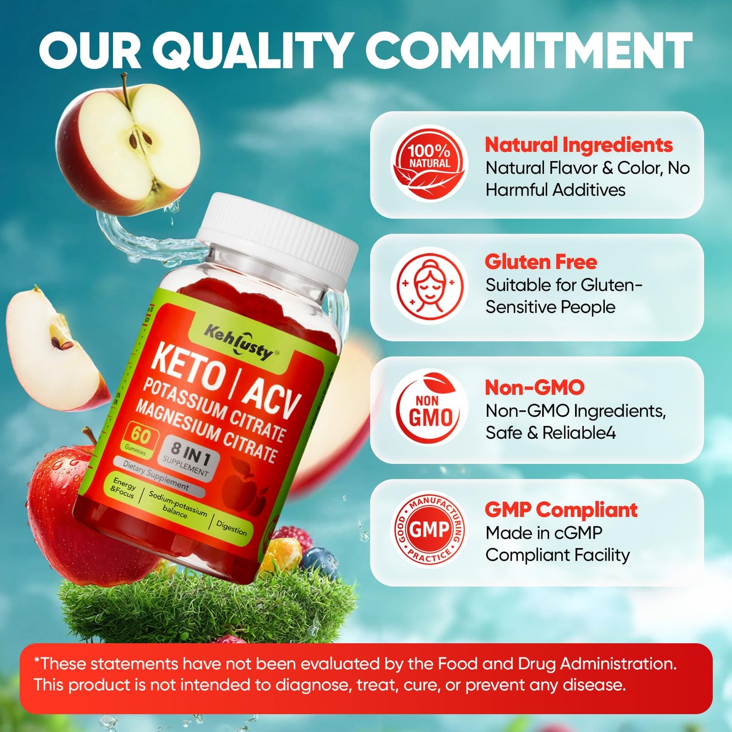 KEHLUSTY Keto ACV Gummies Advanced for Weight Loss Support, 60 Count