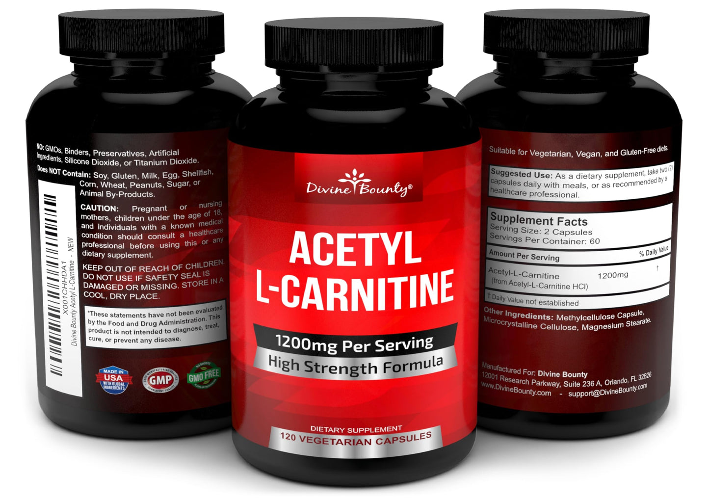 Divine Bounty Acetyl L-Carnitine 1200mg, L Carnitine Supplement Capsule, 120 Count