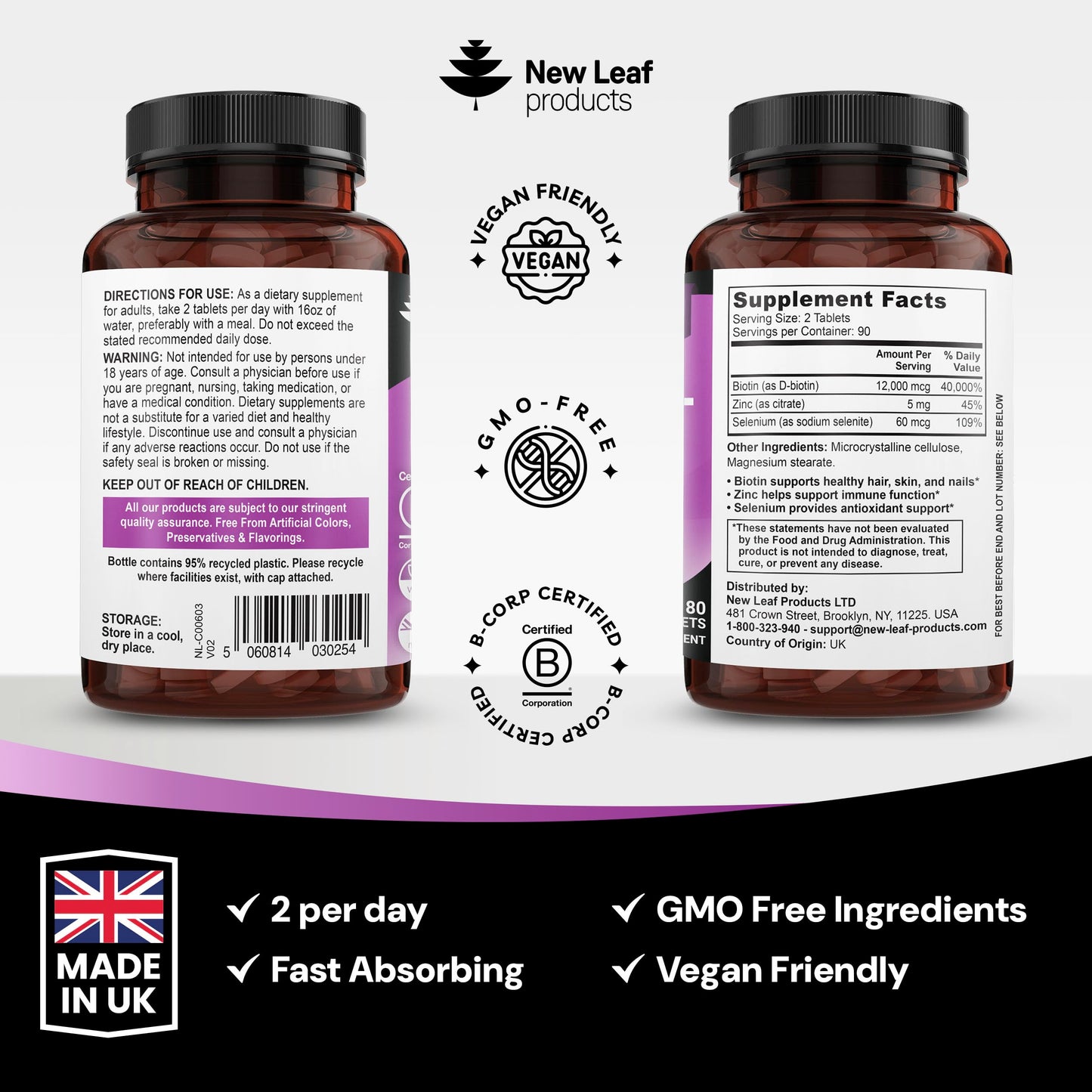 New Leaf Products Biotin Hair Skin and Nails Vitamins 180 Tablets