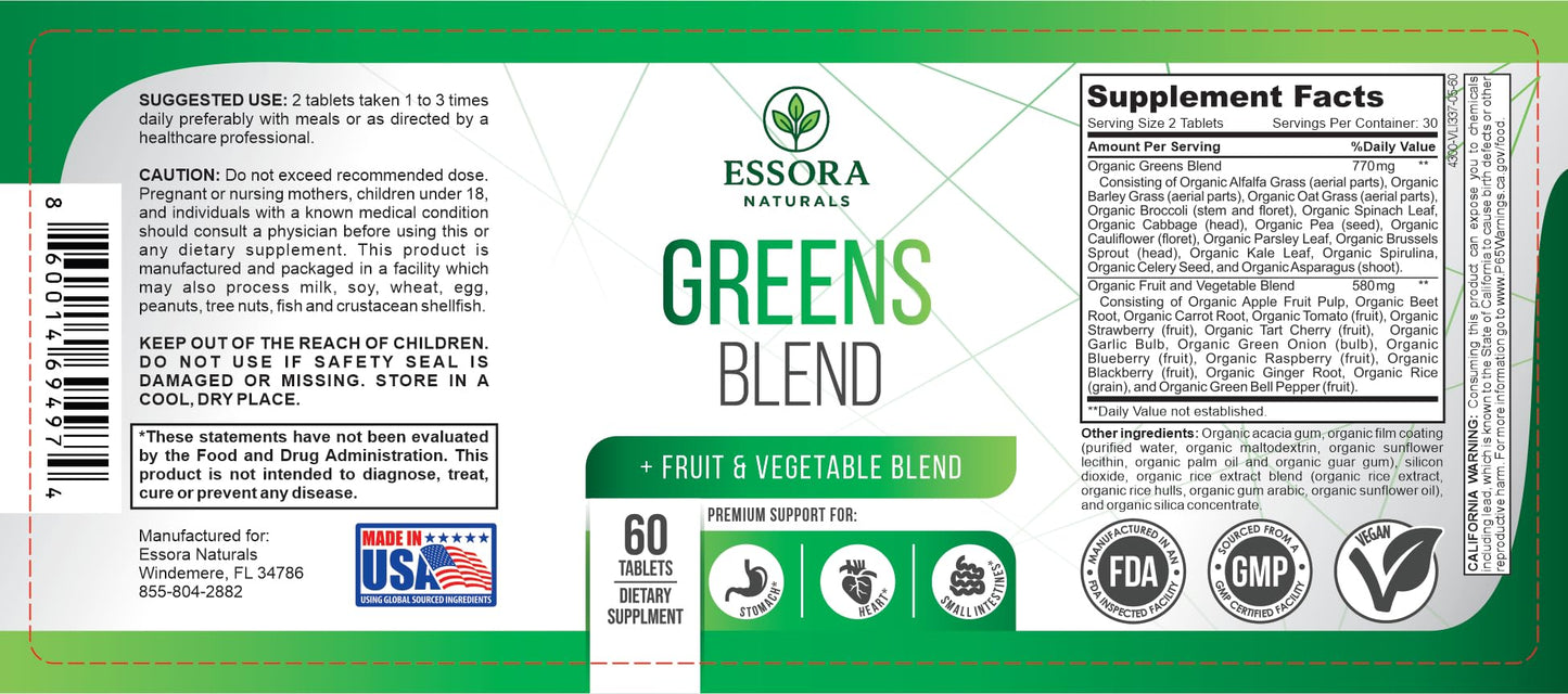 Essora Naturals Organic Greens Complex Tablets – Organic Greens + Fruit & Veggie Blends – Vegan Non-GMO, 60 Count
