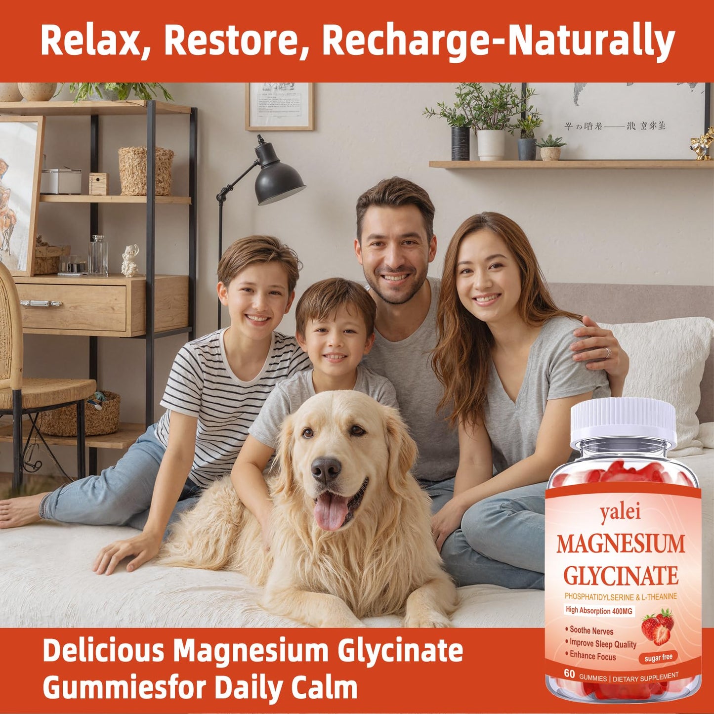 Yalei Magnesium Glycinate Gummies 400mg with L-Theanine & Phosphatidylserine – Sleep, Stress & Muscle Relief, for Adults & Kids, Non-GMO, Vegan, Sugar Free, 60 Gummies, Strawberry Flavor