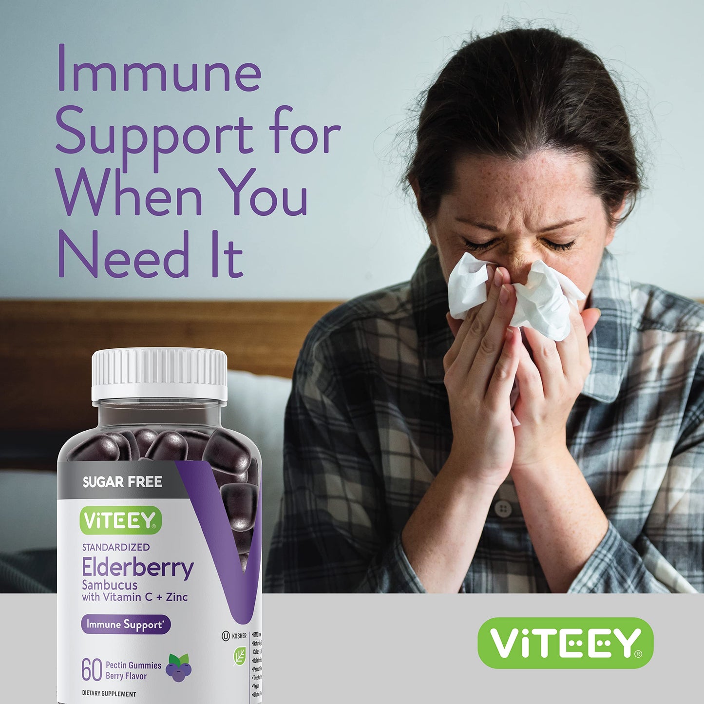 Viteey Sambucus Elderberry Gummies with Zinc & Vitamin C for Adults & Teens, 120 Gummies