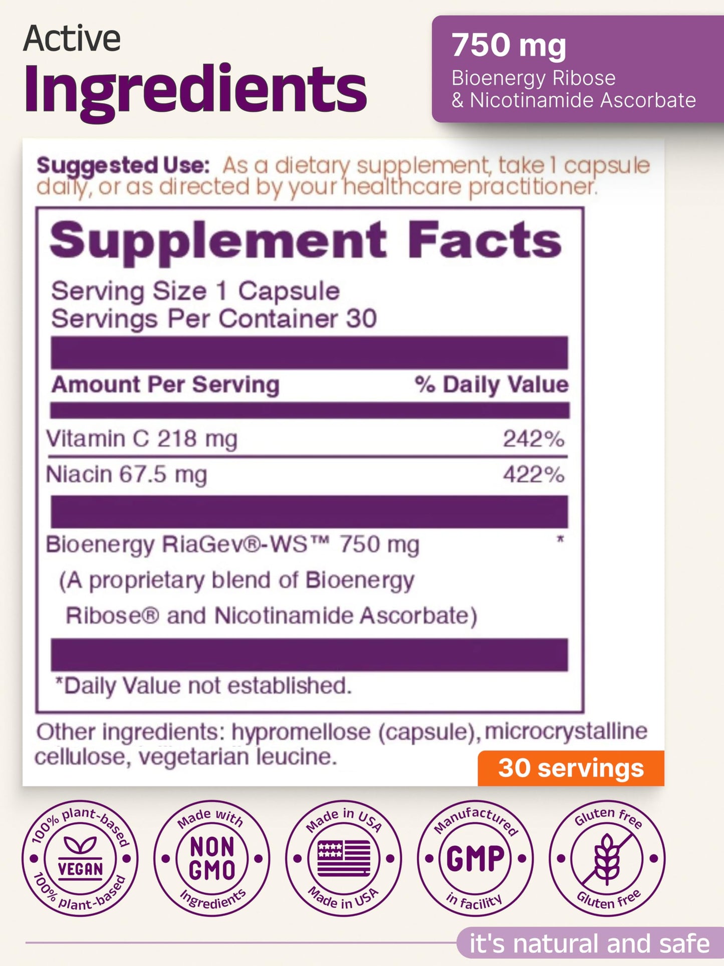 Eternity Medicine Rx NAD+ Supplement with RiaGev-WS 750mg Ribose + Nicotinamide Ascorbate Complex Capsule, 1 Count