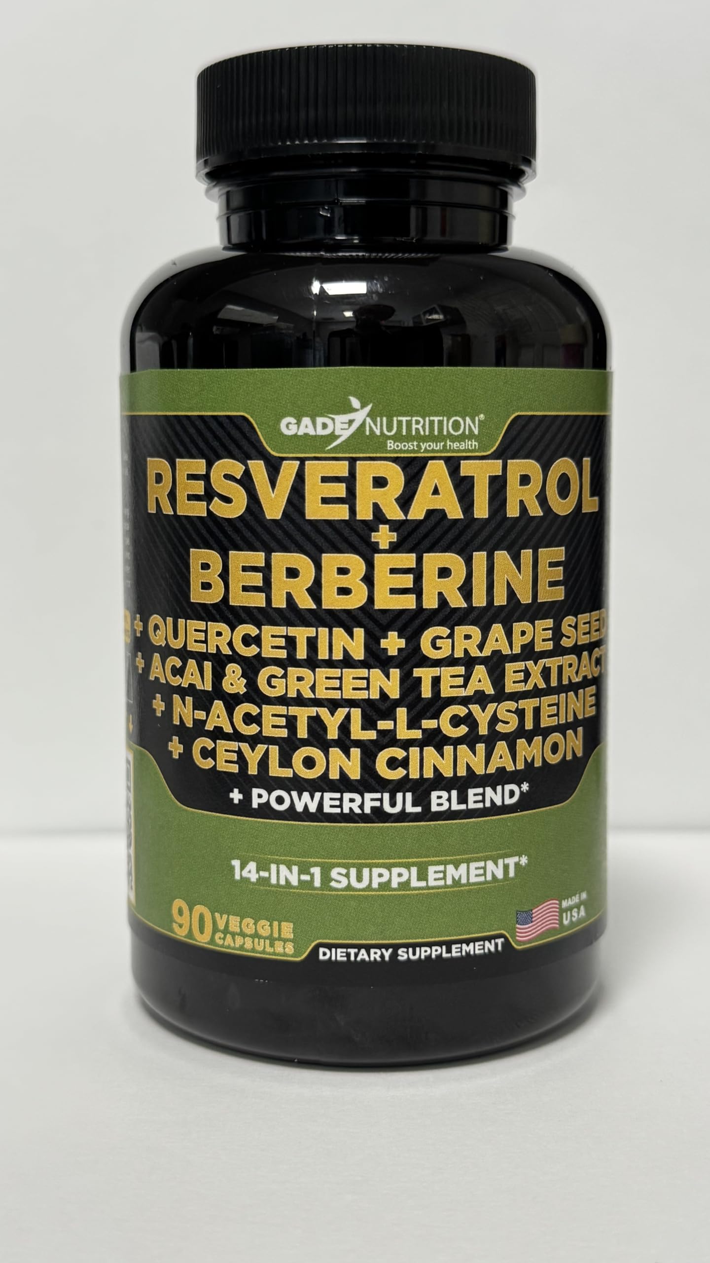 GADE NUTRITION BOOST YOUR HEALTH Resveratrol Berberine Quercetin Grape Seed Extract Green Tea Extract N-Acetyl Cysteine - 14 in 1 Complex Supplement for Women & Men with Potent Antioxidants 90 Capsules