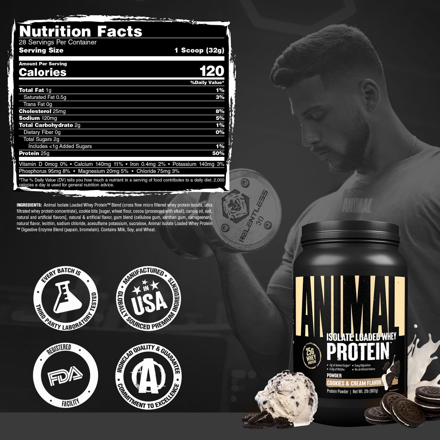 Animal Whey Isolate Protein Powder Cookies & Cream, 32 Servings, 2 lb