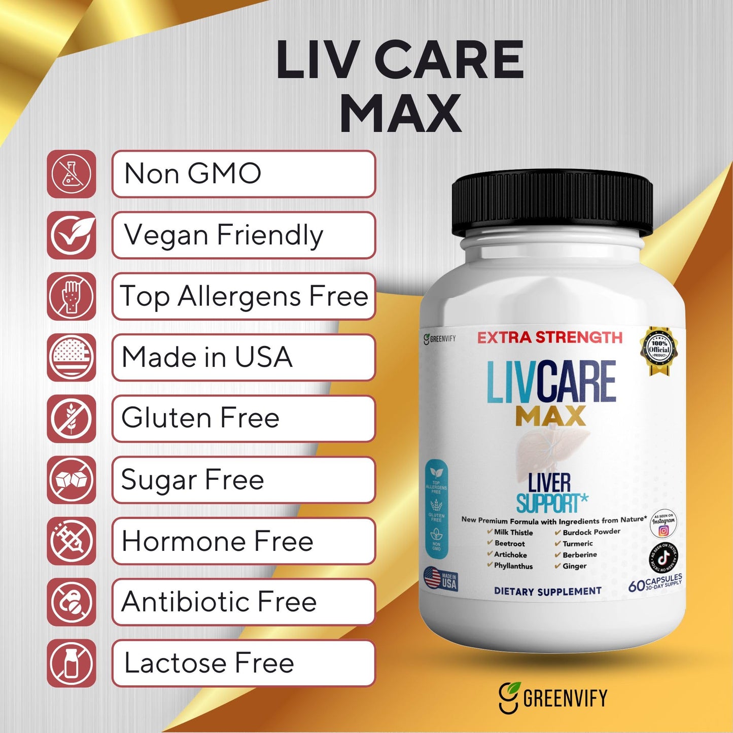 GREENVIFY Livcare Max Liver Support Supplement Extra Strength with Milk Thistle, Beetroot & Artichoke, 60 Veggie Capsules