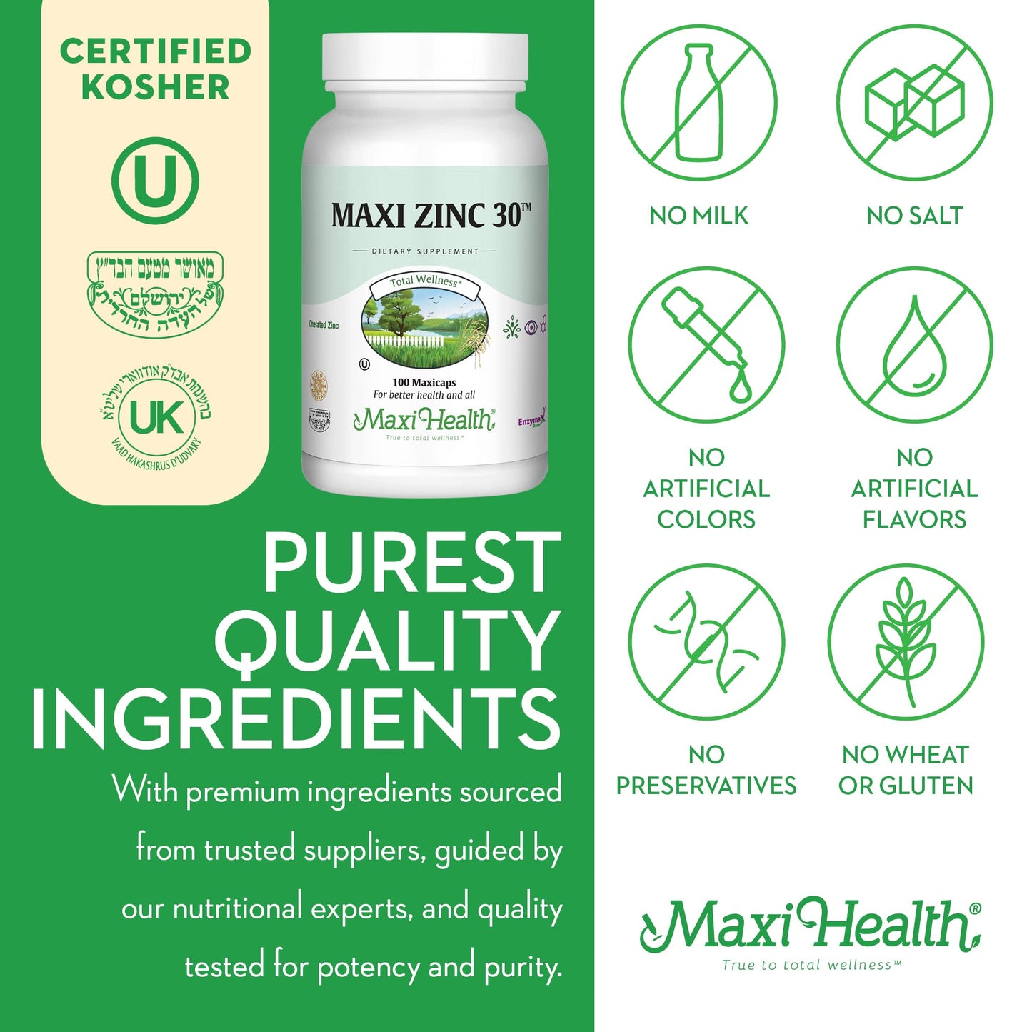 Maxi Health Zinc 30 mg with Enzymax Chelated Zinc Glycinate Capsules, 100 Count