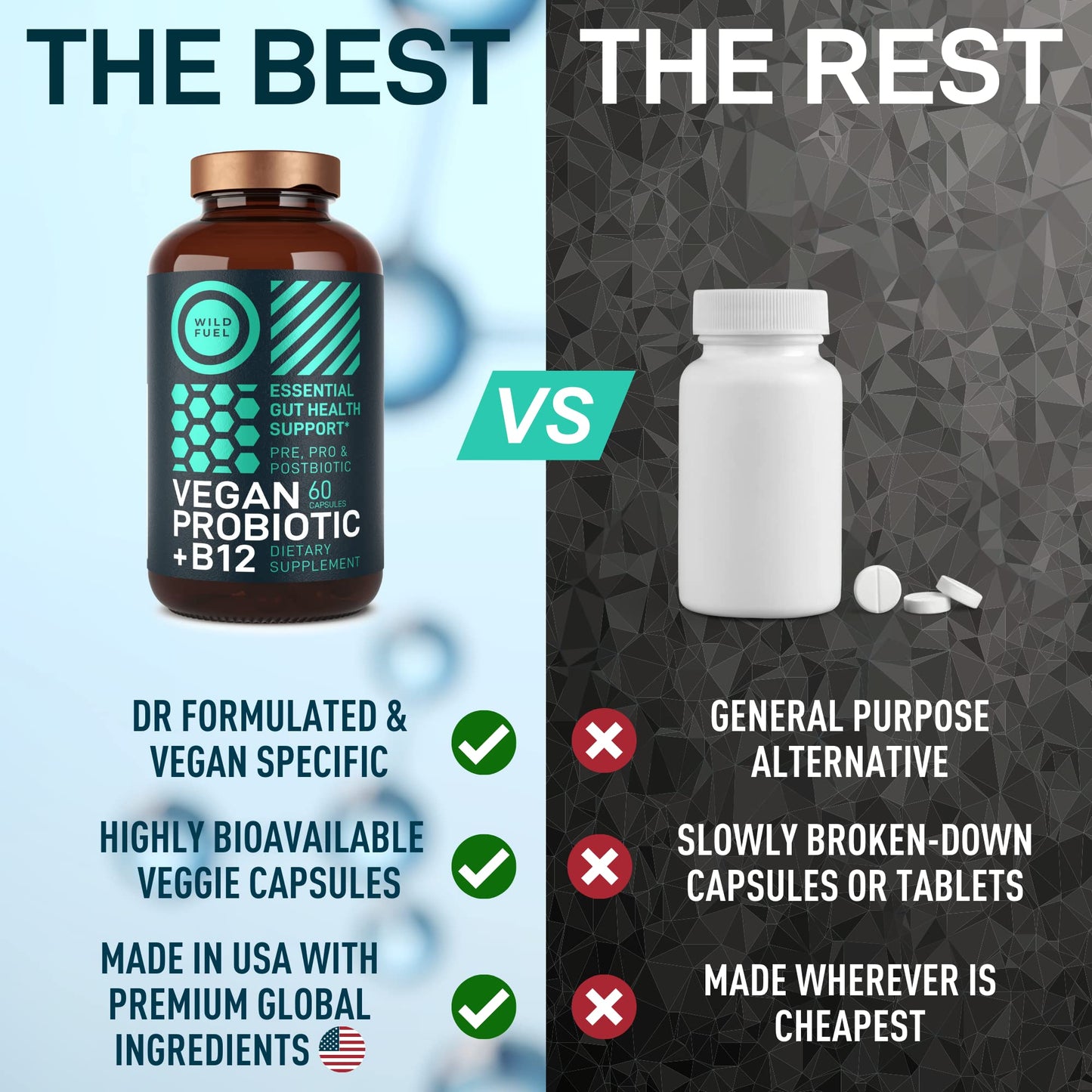 Wild Fuel Vegan Probiotic Plus B12 & FOS 22 Billion CFU Synbiotics Prebiotics and Probiotics for Digestive Health, IBS, Mood Support - B12 Pre Pro Post Biotics for Women & Men - 60 Capsules