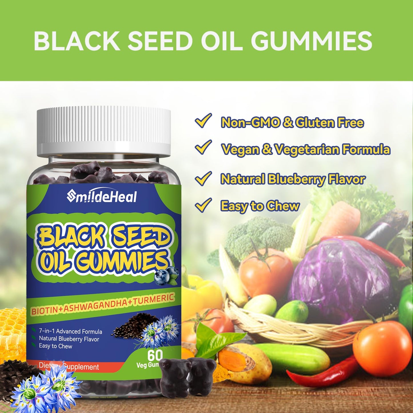 SmildeHeal Black Seed Oil Gummies, Organic Black Cumin Seed Oil, 500mg, Vegan, 120 Gummies