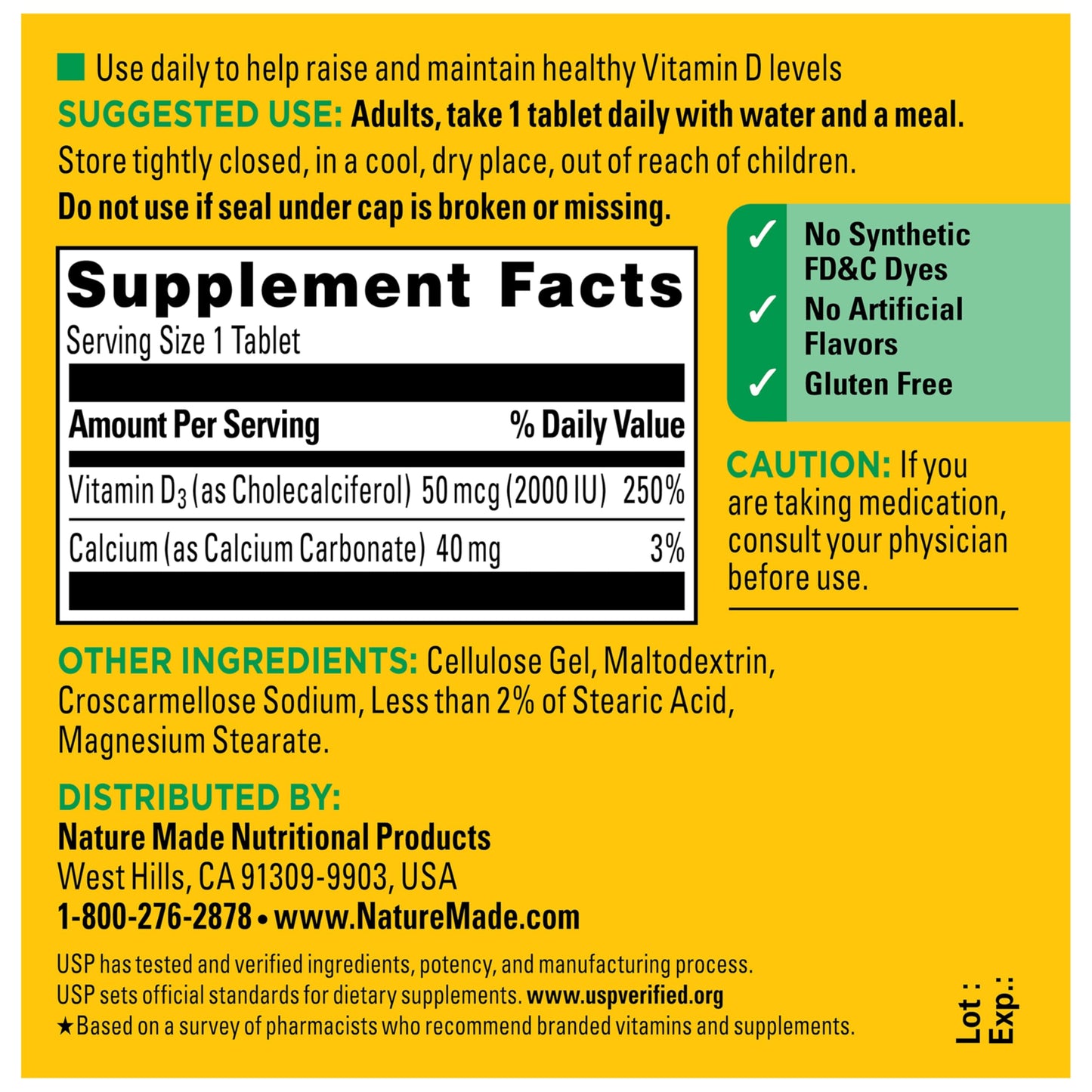 Nature Made Vitamin D3 2000 IU (50 mcg) Tablet, 100 Tablets