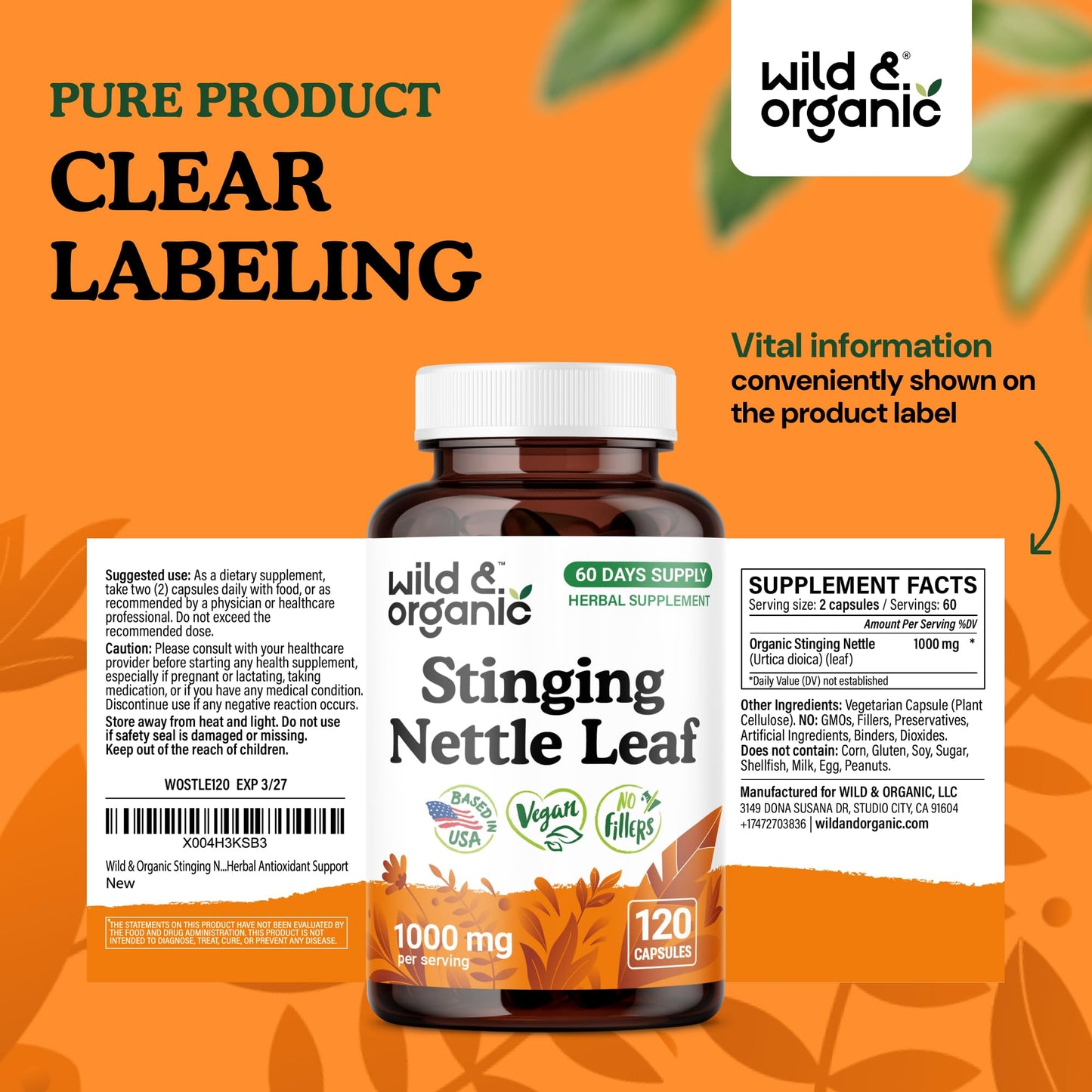 Wild & Organic Stinging Nettle Capsules 120 Count