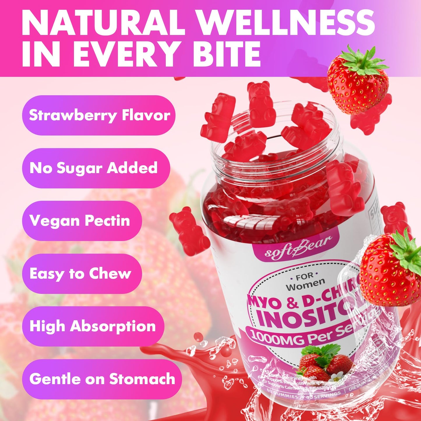 softbear Inositol Gummies for Women 1000mg with Vitamin D3, 60 Count
