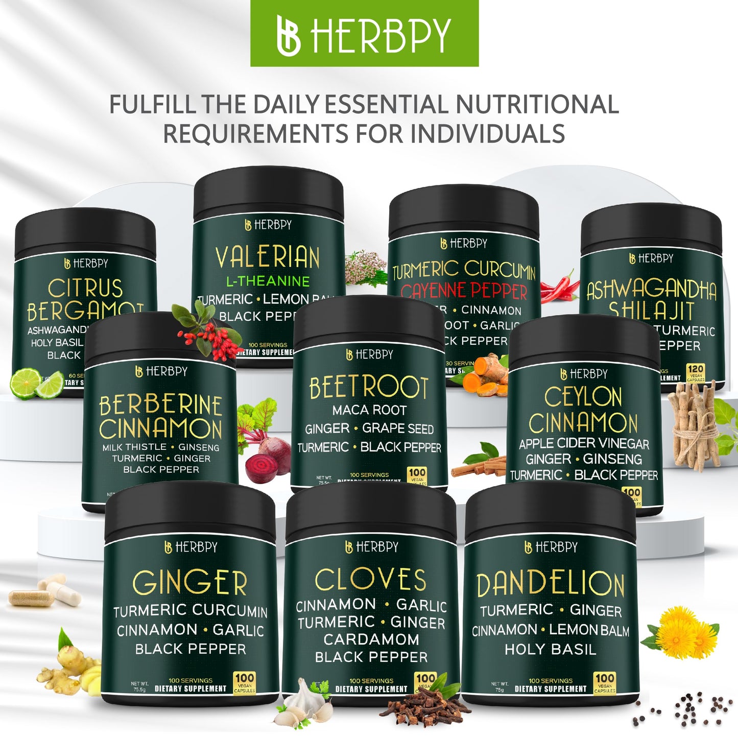 Herbpy 6in1 Citrus Bergamot Supplement with Ashwagandha, Holy Basil, Turmeric & Ginger Root - Healthy Aging, Immune & Relaxation - 120 Capsules