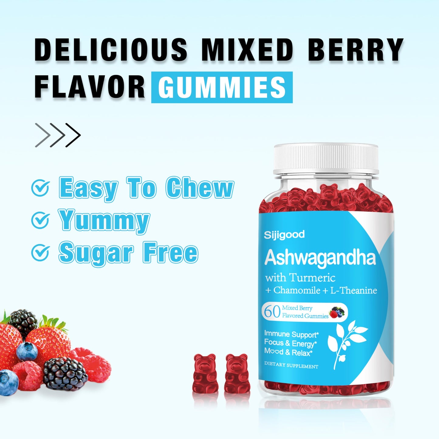 Sijigood Ashwagandha with L-theanine, Ashwa Root Supplement Gummies, 60 Count