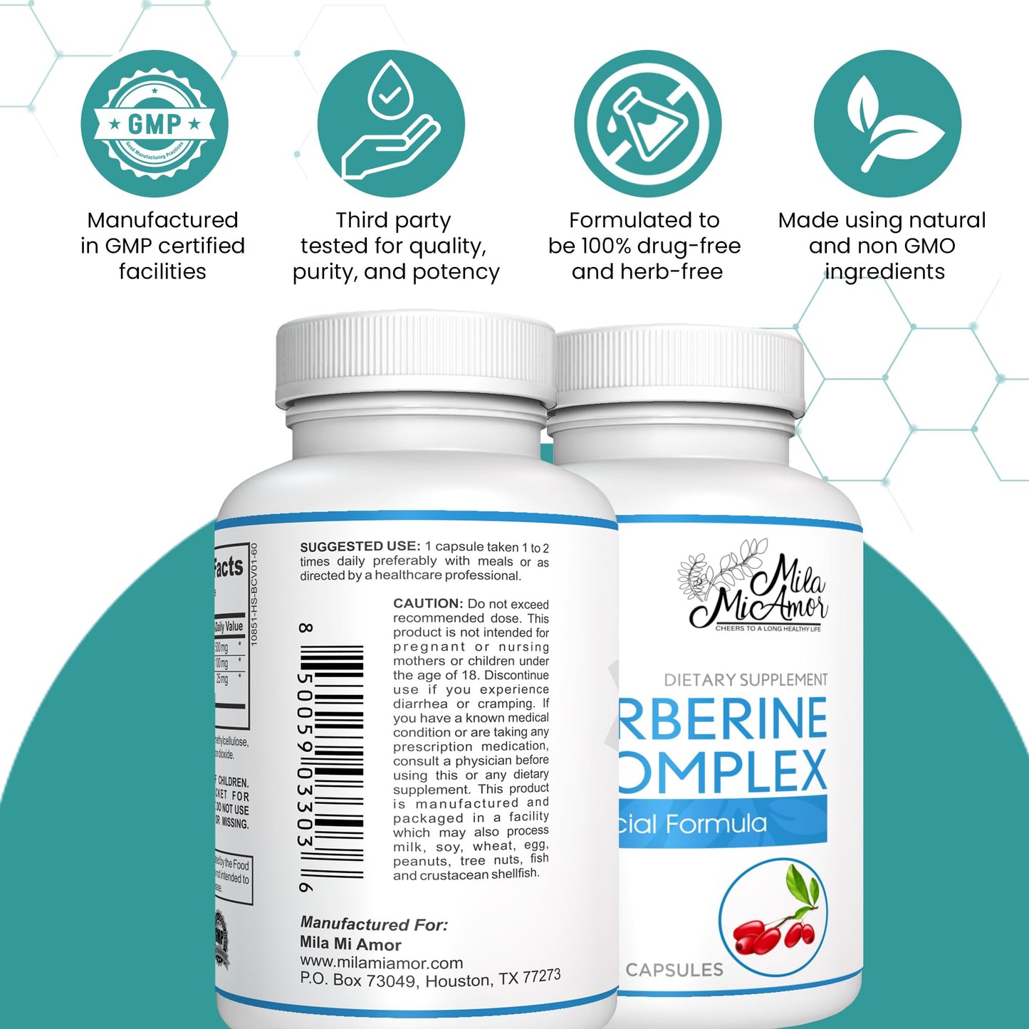 Mila Miamor Berberine Complex HCL 500mg Capsules, 60 Count