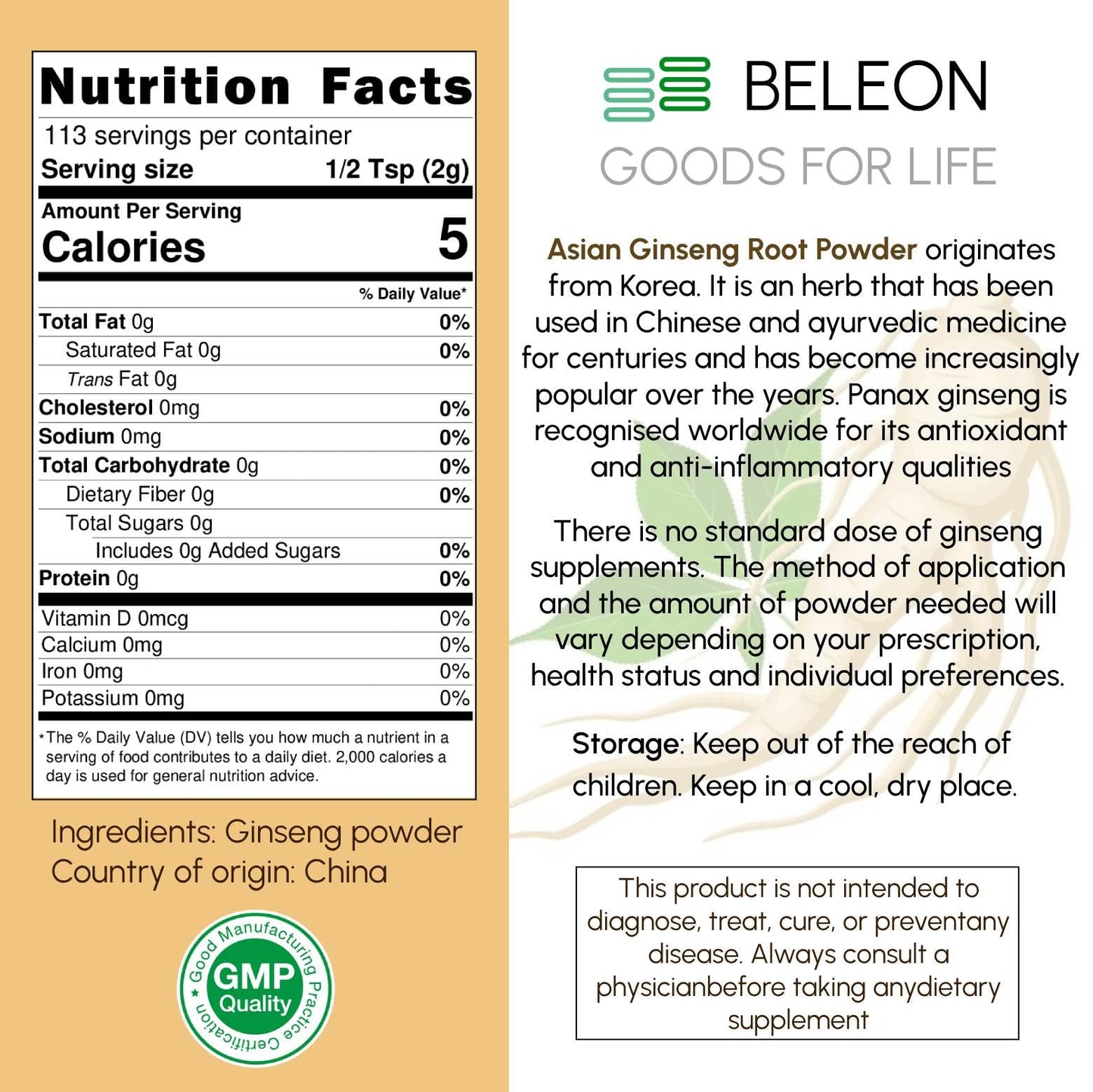 Beleon Goods For Life Ginseng Root Powder 4 oz