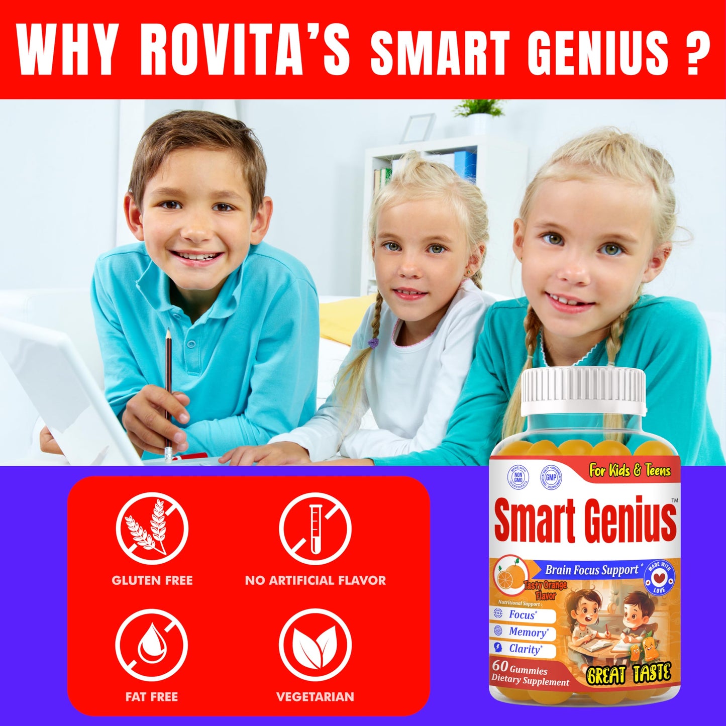 ROVita Smart Genius Omega-3 for Kids Gummy, 60 Count