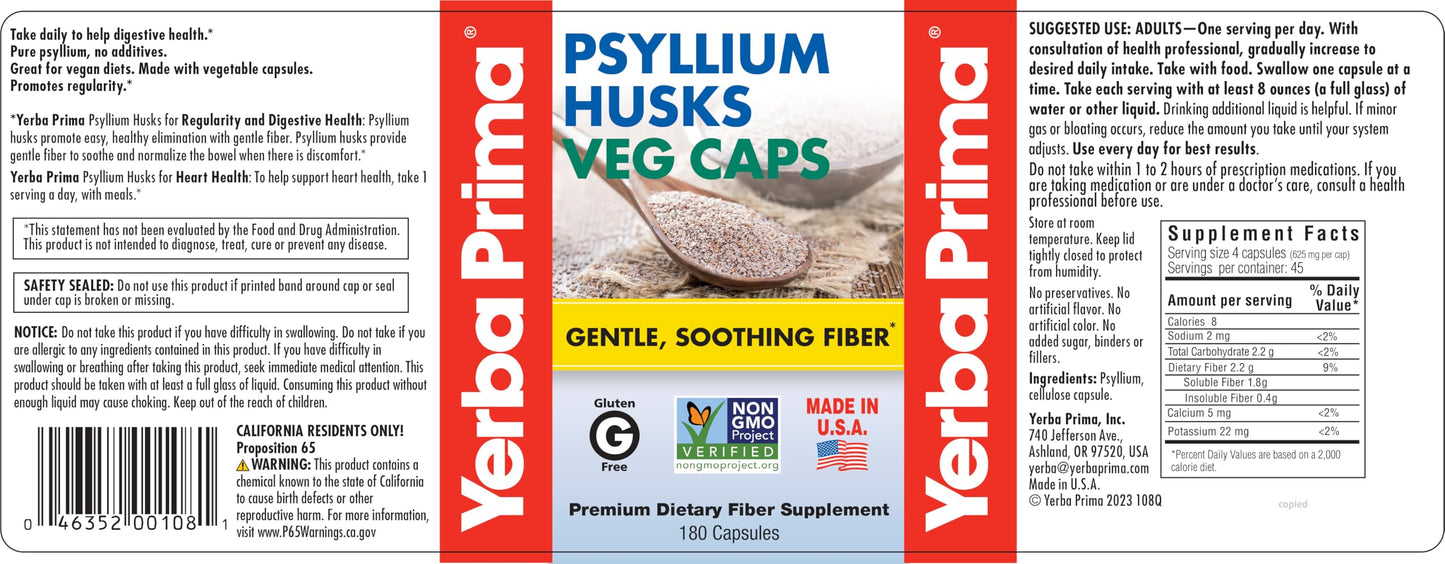 Yerba Prima Psyllium Husks Fiber Veg Caps 360 Capsules