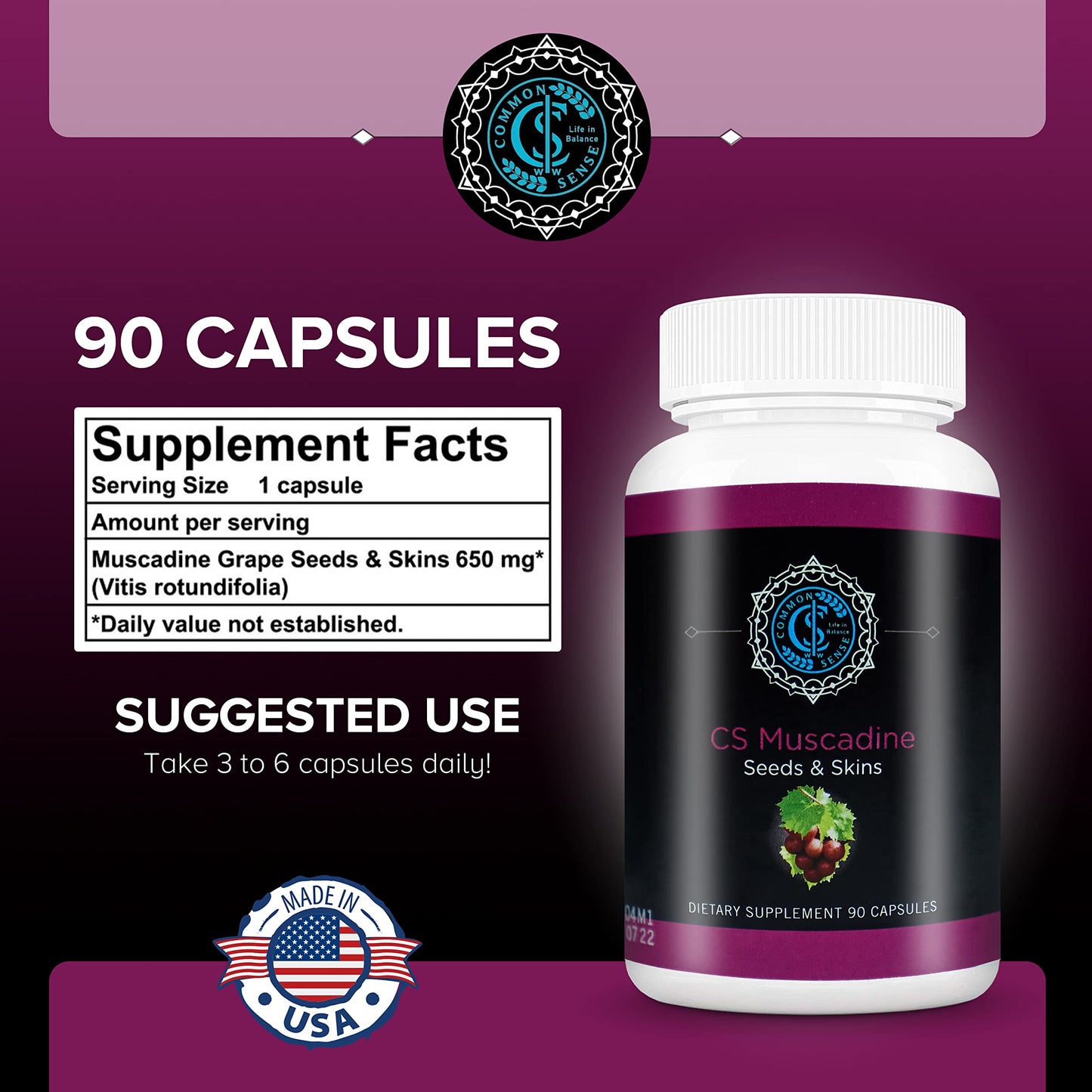 Common Sense Wellness Worldwide Commonsense Pure Muscadine Grape Seed and Skin Extract Capsules, 90 Count