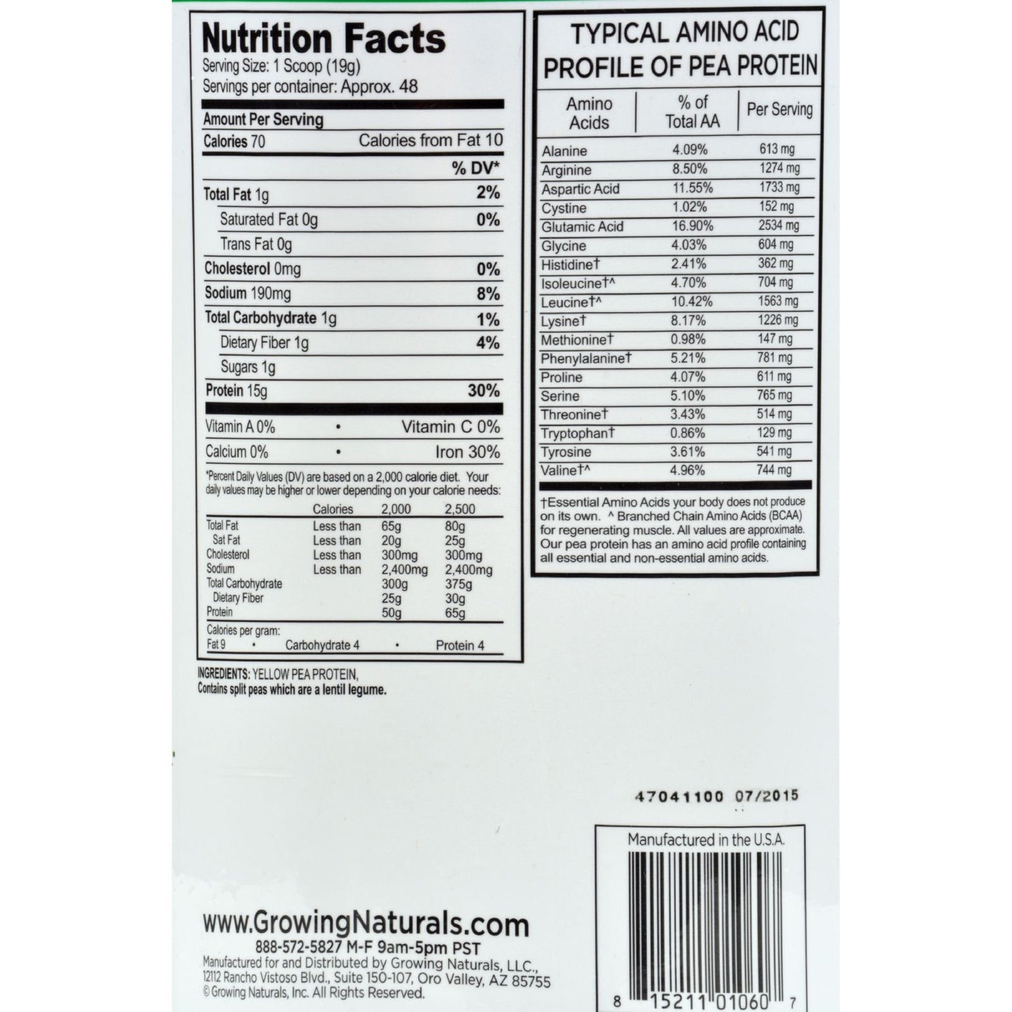 Growing Naturals Pea Protein Powder, Original Unflavored, 32 Servings