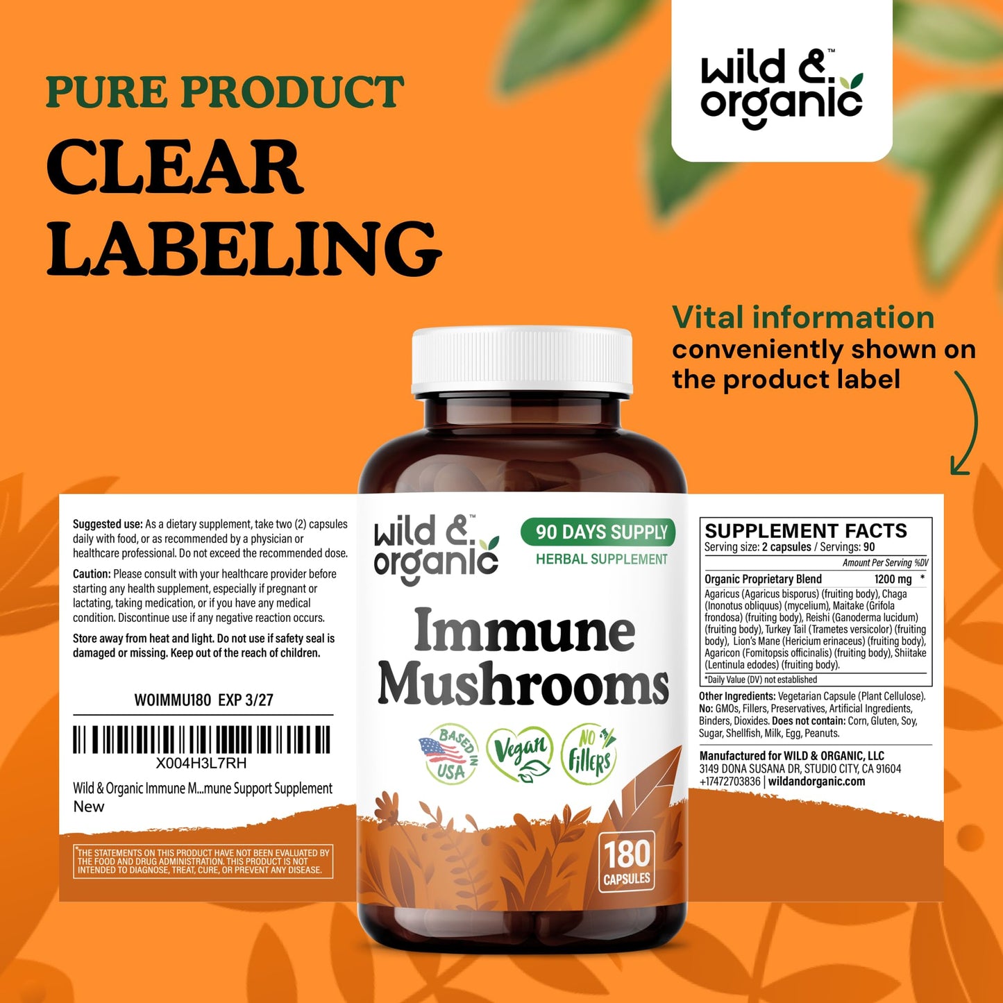 Wild & Organic Immune Mushroom Blend Capsules 180 Count