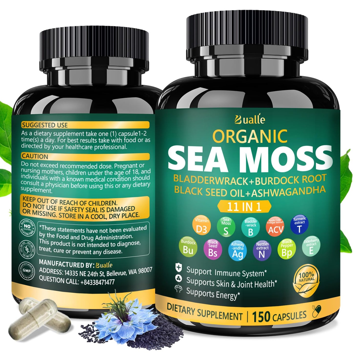 Bualle Organic Sea Moss Capsules, 150 Count