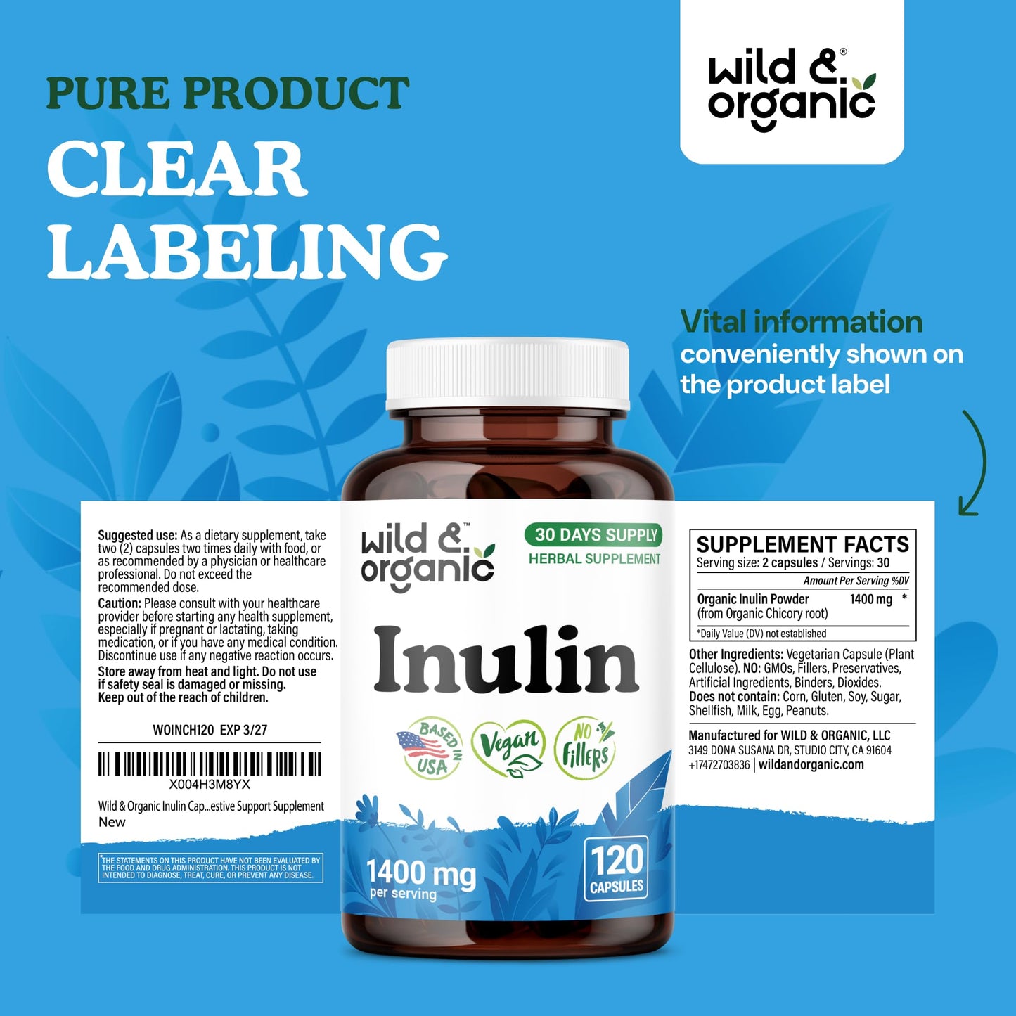 Wild & Organic Inulin 1400 mg Capsules, 120 Count