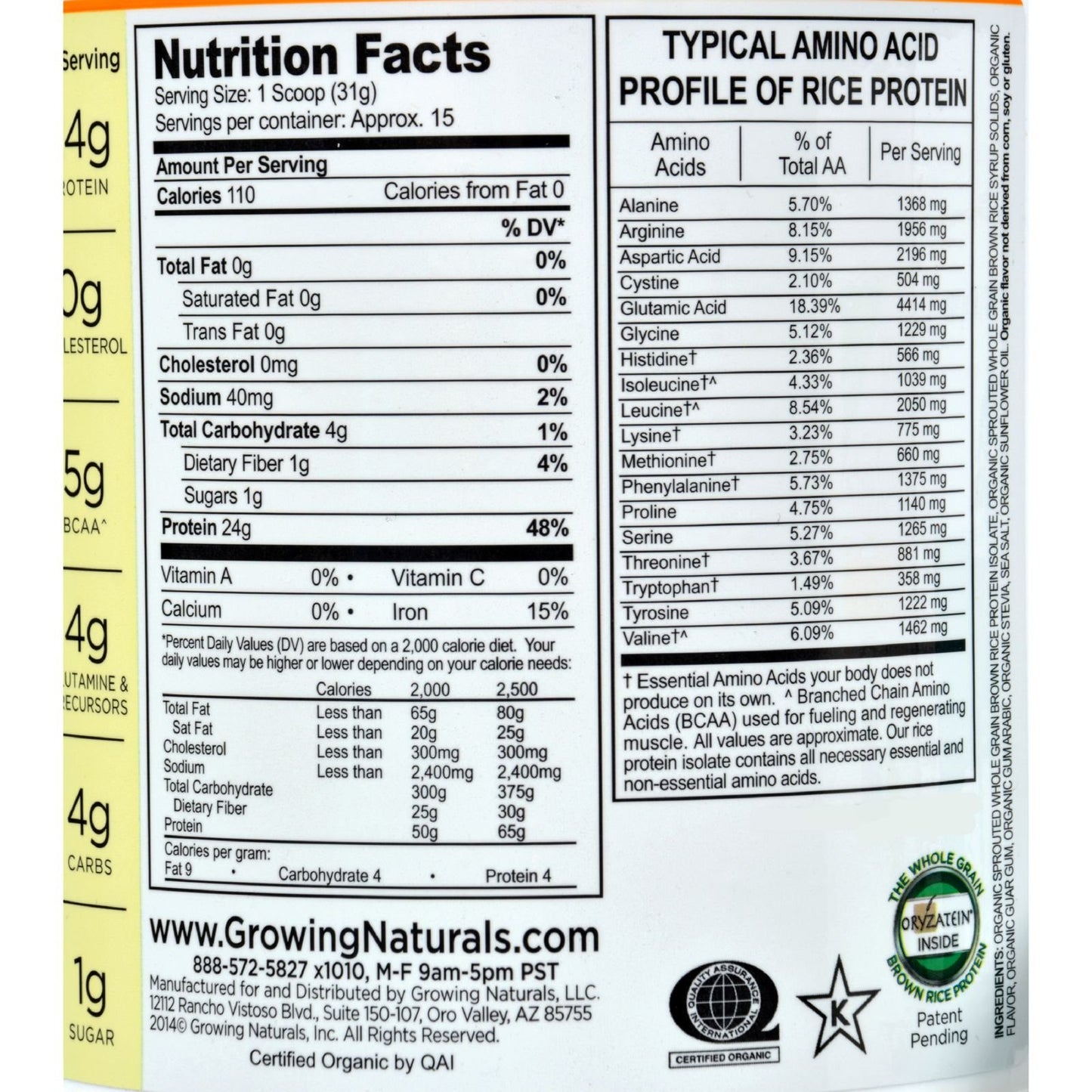 Growing Naturals Rice Protein Powder Vanilla Organic 1