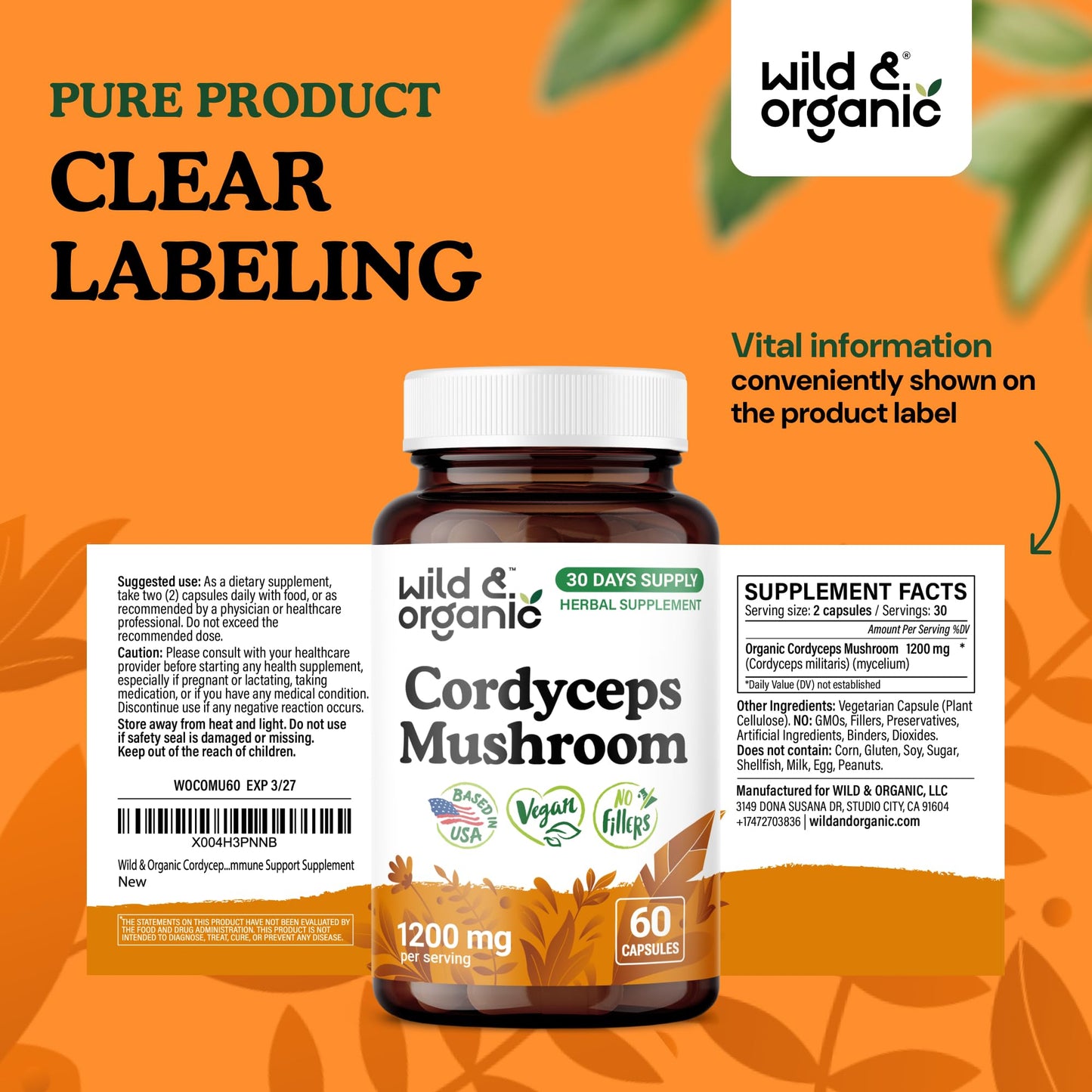Wild & Organic Cordyceps Mushroom Capsule 1200 mg 60 Count