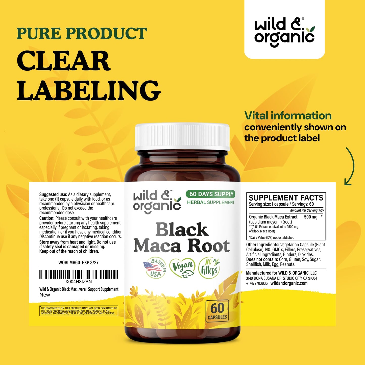 Wild & Organic Black Maca Root 500 mg, 60 Capsules