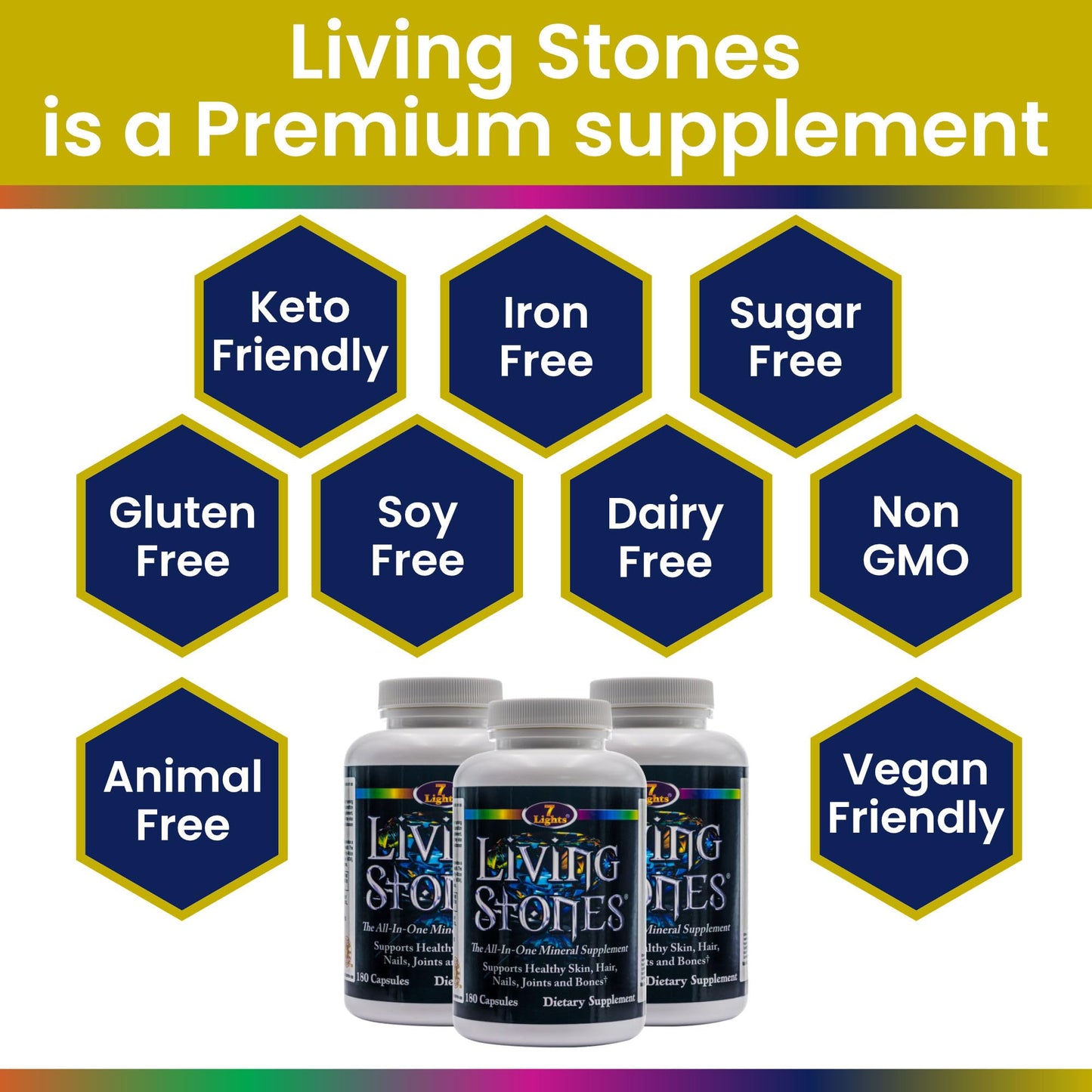 7 Lights Living Stones Complete Mineral Supplement with Zinc, Calcium, Magnesium, Selenium, Trace Minerals, No Added Iron, with MSM (Organic Sulfur) and Shilajit, Premium Absorption, 180 Capsules